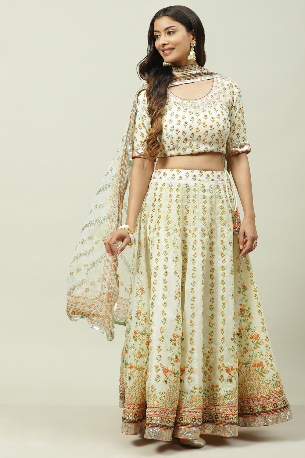 Cream Art Silk Lehenga Set image number 0