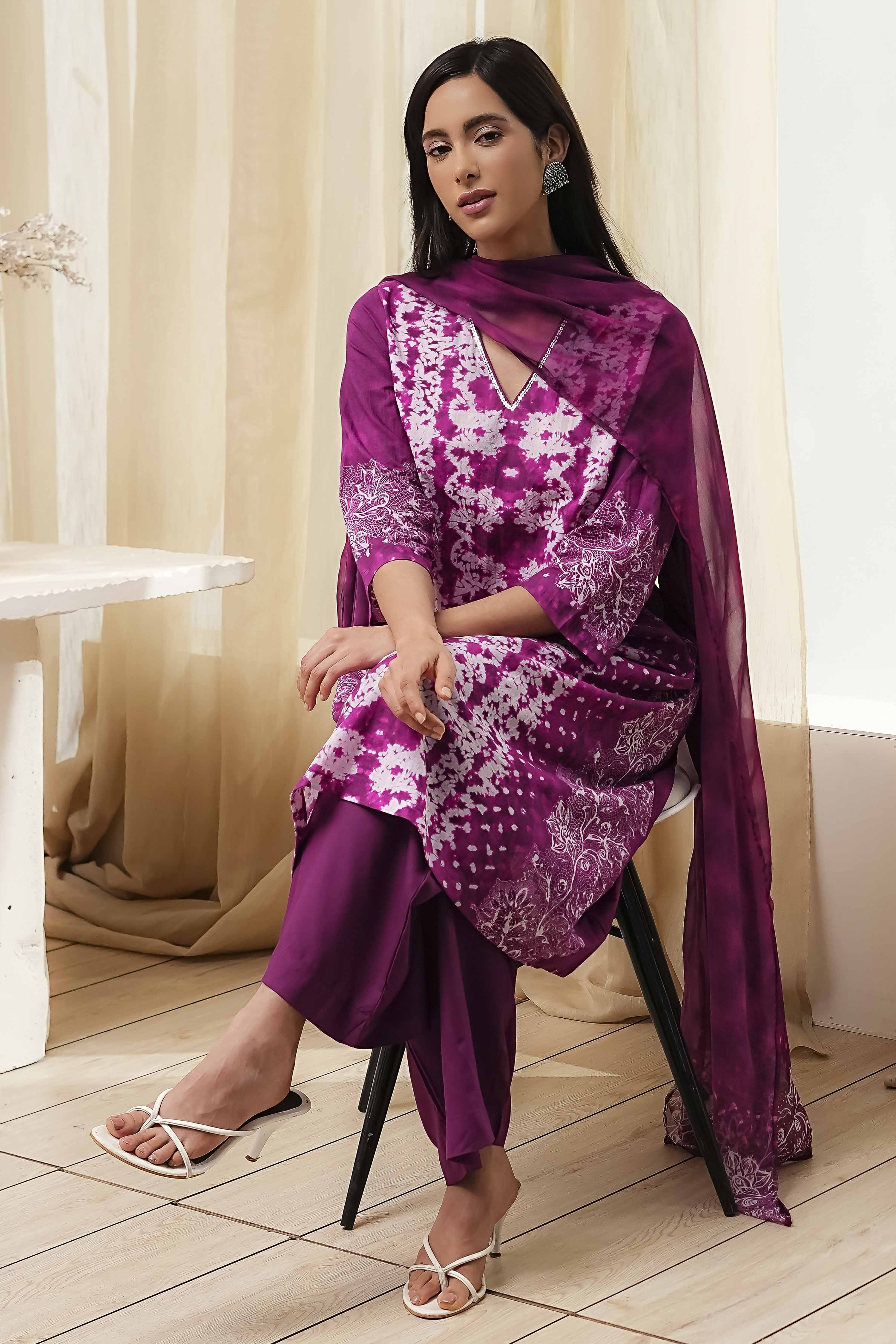Berry Purple Cotton Straight Suit Set image number 0
