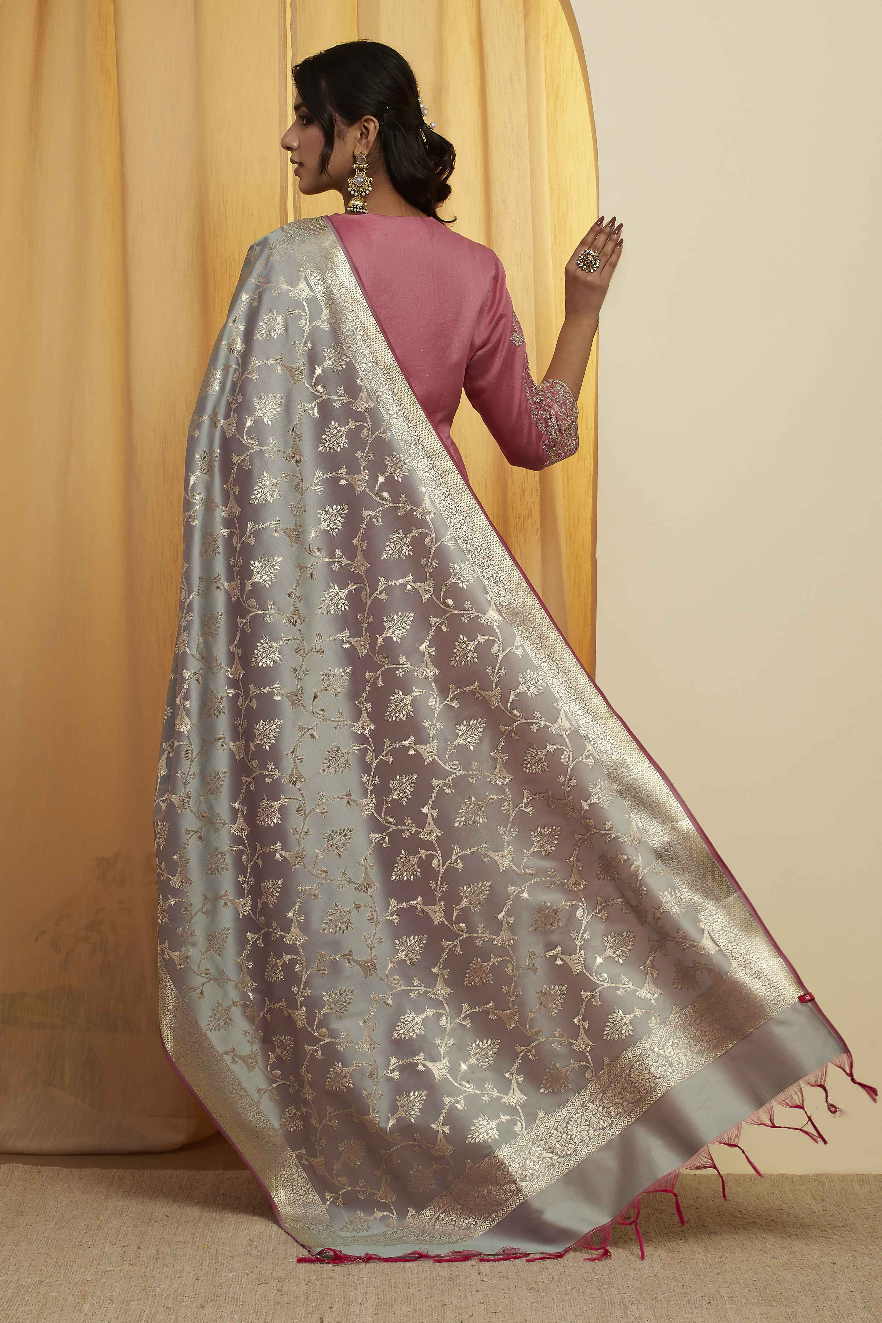 Silver Kattan Silk Floral Design Dupatta image number 3