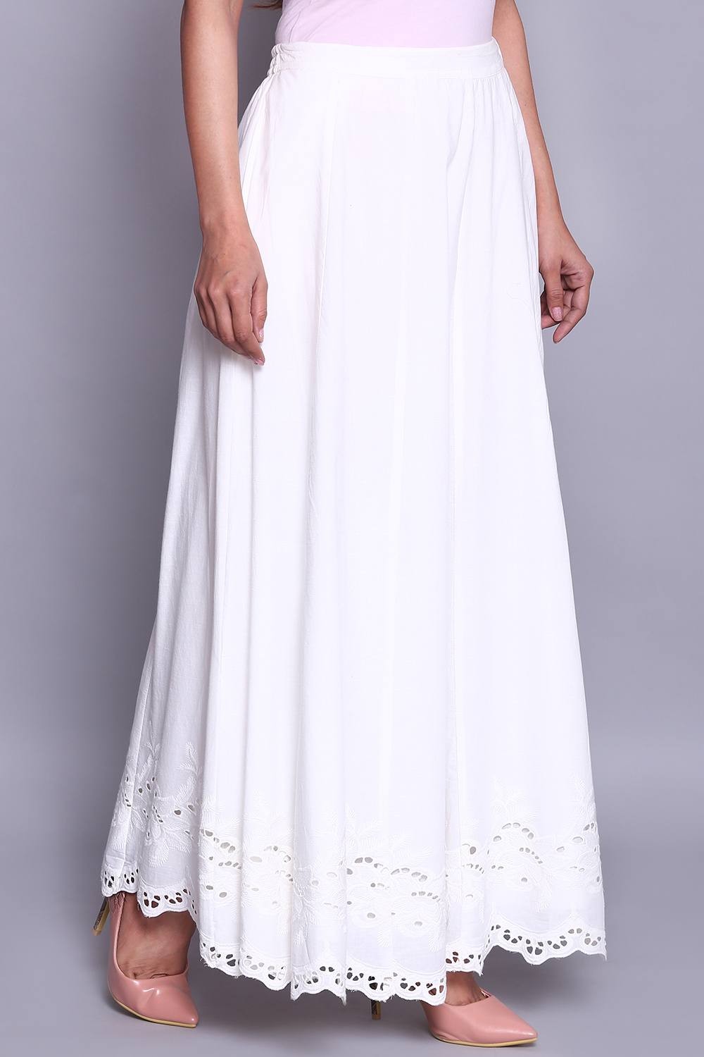 White Cotton Embroidered Skirt image number 0