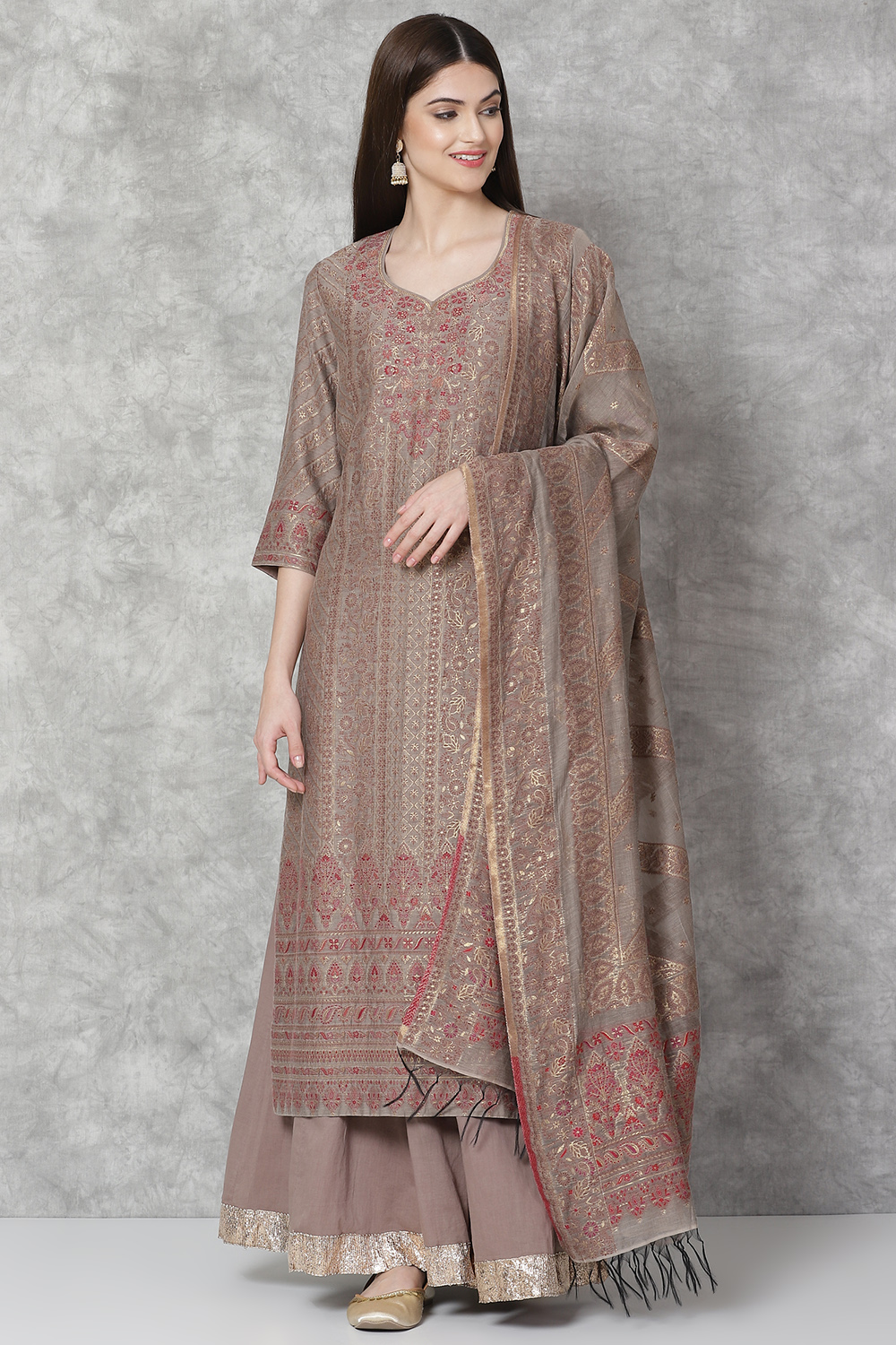 Grey Metallic Cotton Straight Kurta Sharara Suit Set image number 4