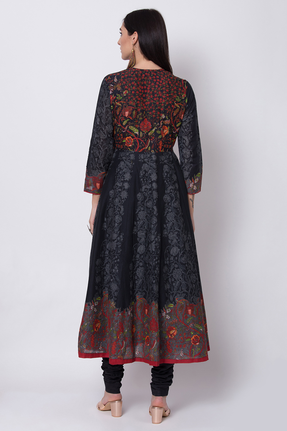 Black Cotton Anarkali Kurta Churidar Suit Set image number 5