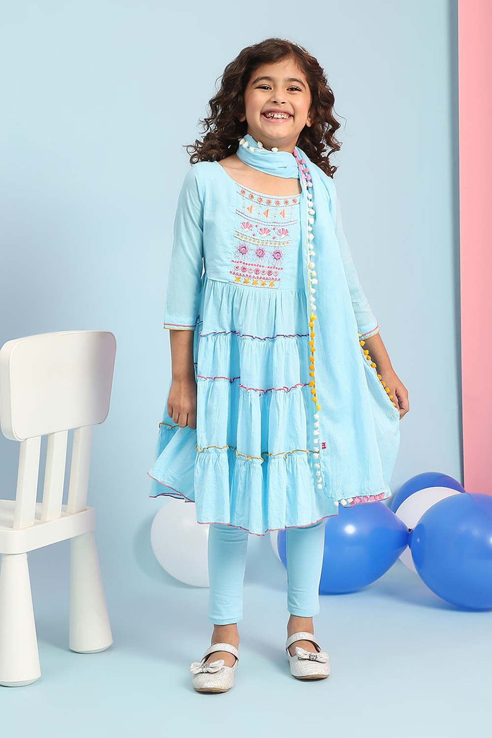 Blue Cotton Tiered Kurta Churidar Suit Set image number 0