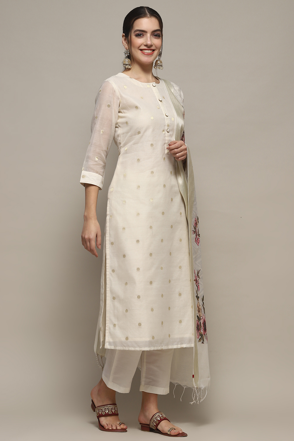 Off White Chanderi Unstitched Suit set image number 7