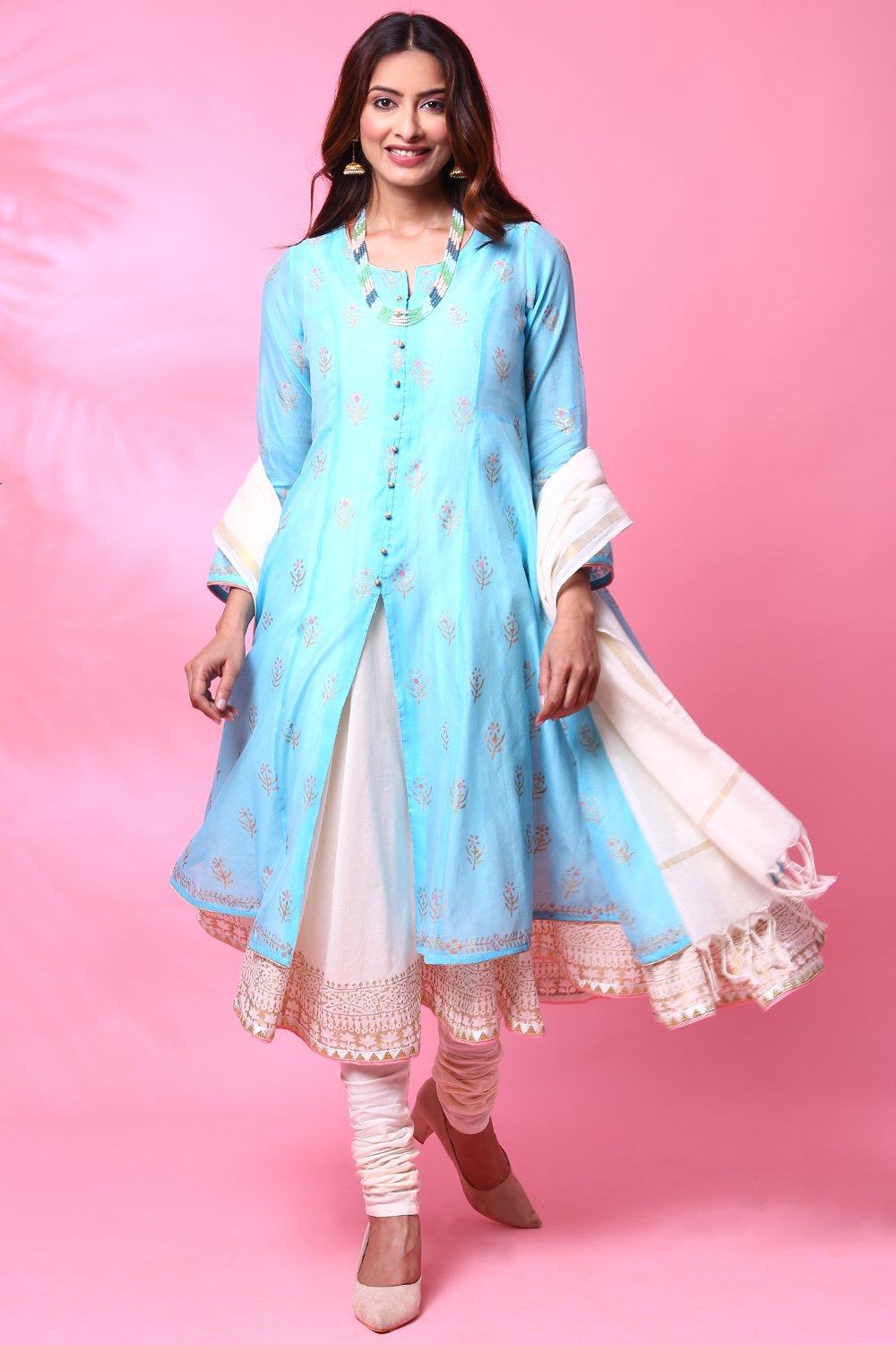 Powder Blue Double Layered Kurta Churidar Suit Set image number 2