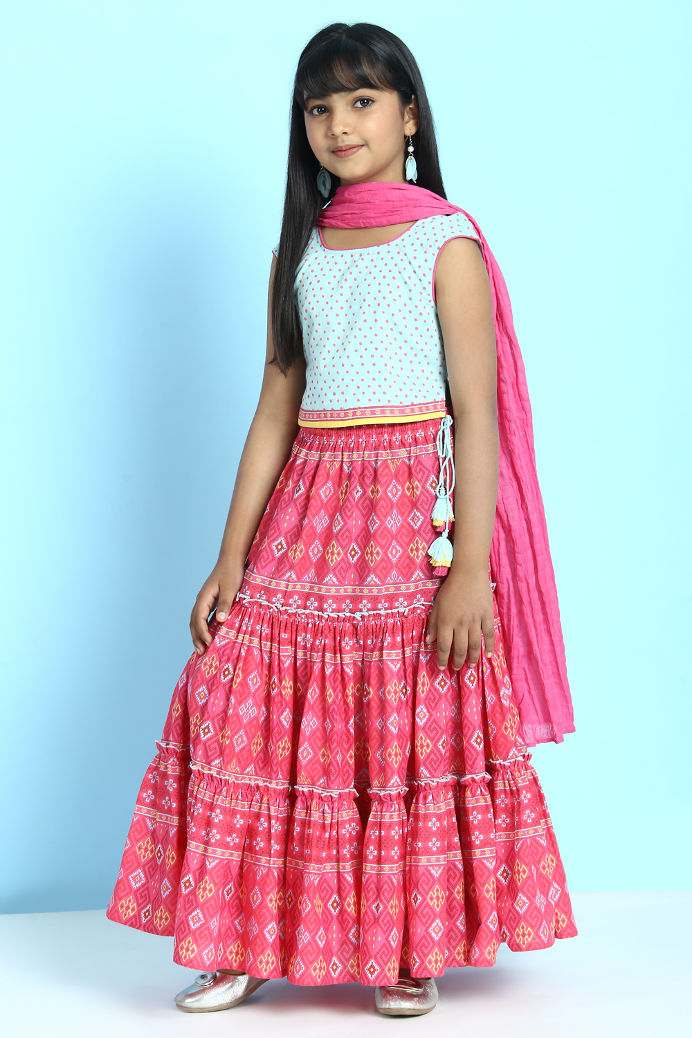 Sky Blue And Pink Cotton Straight Kurta Lehenga Suit Set image number 3