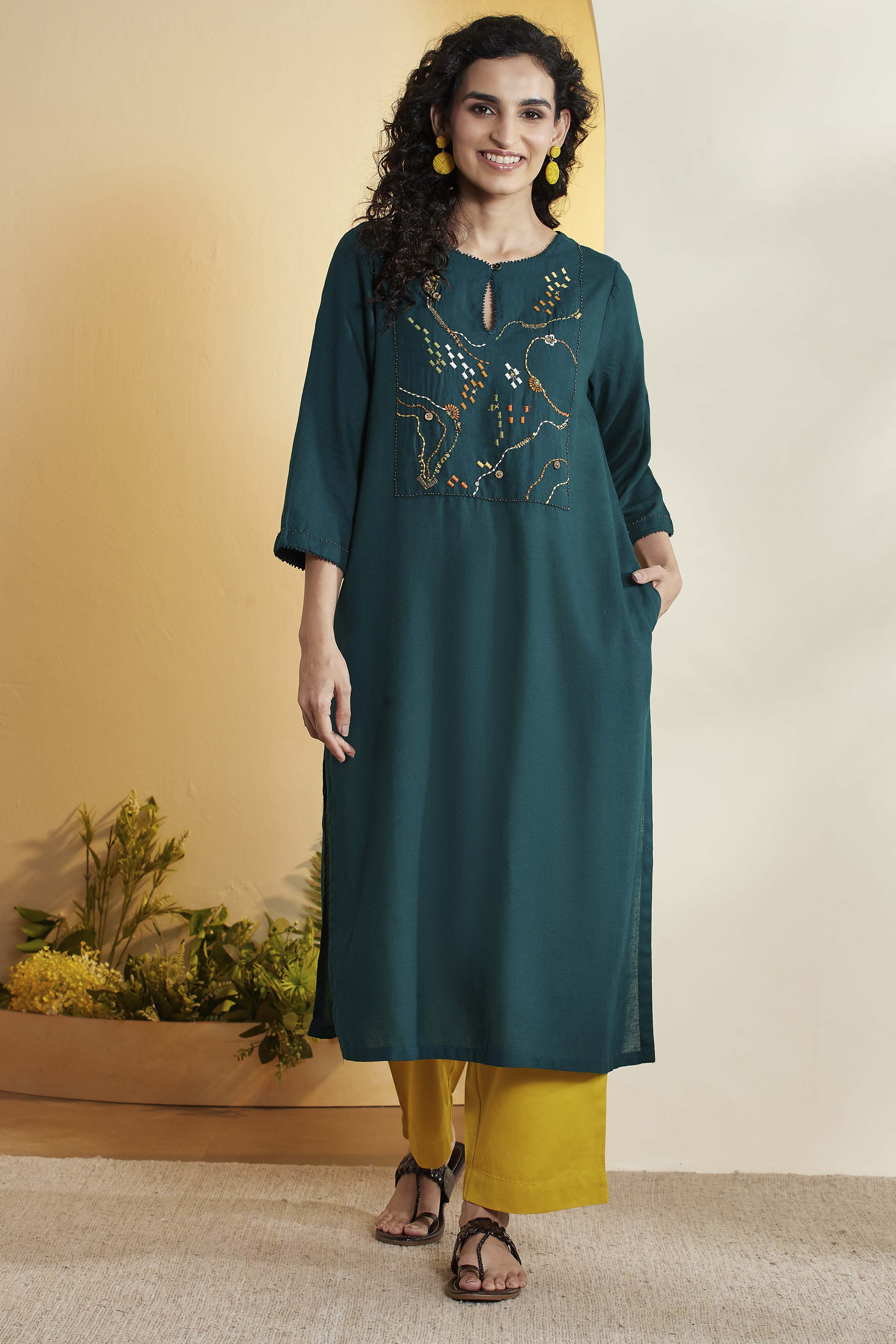 Bottle Green Viscose Rayon Embroidered Yoke Kurta image number 6
