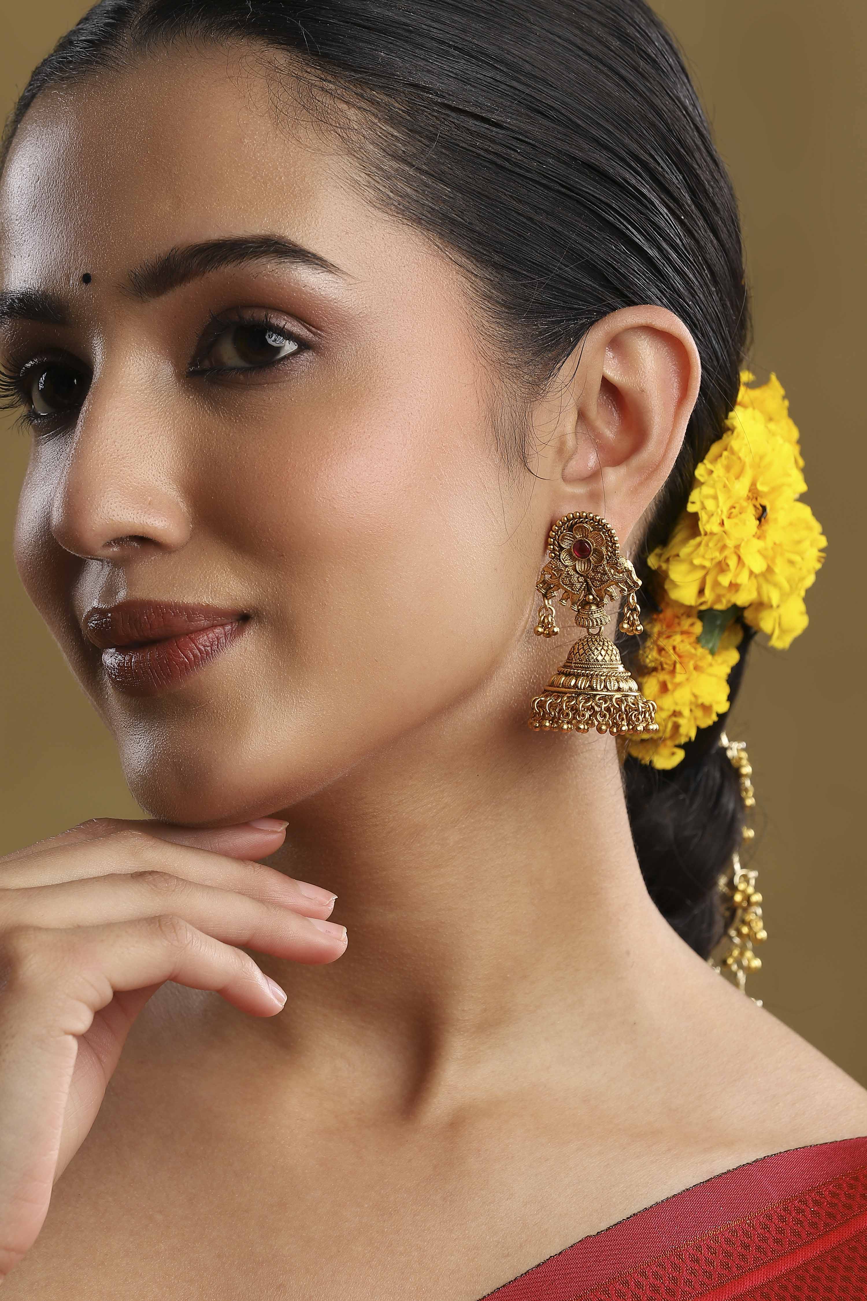 Gold Plated Brass Minimal Stone Studded Jhumkas image number 3