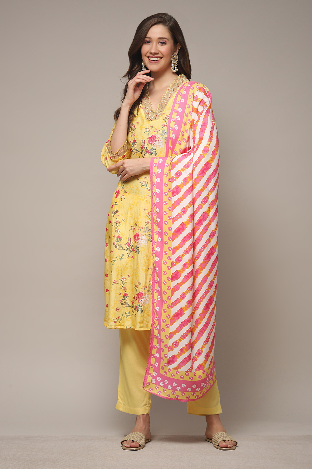 Yellow Modal A-Line Kurta Palazzo Suit Set image number 1