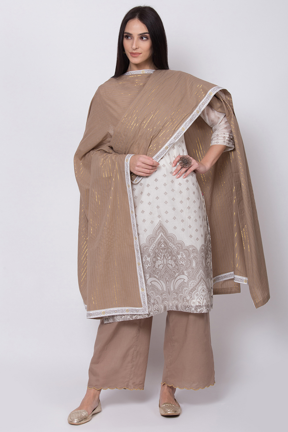 Off White Poly Cotton Straight Kurta Palazzo Suit Set image number 0