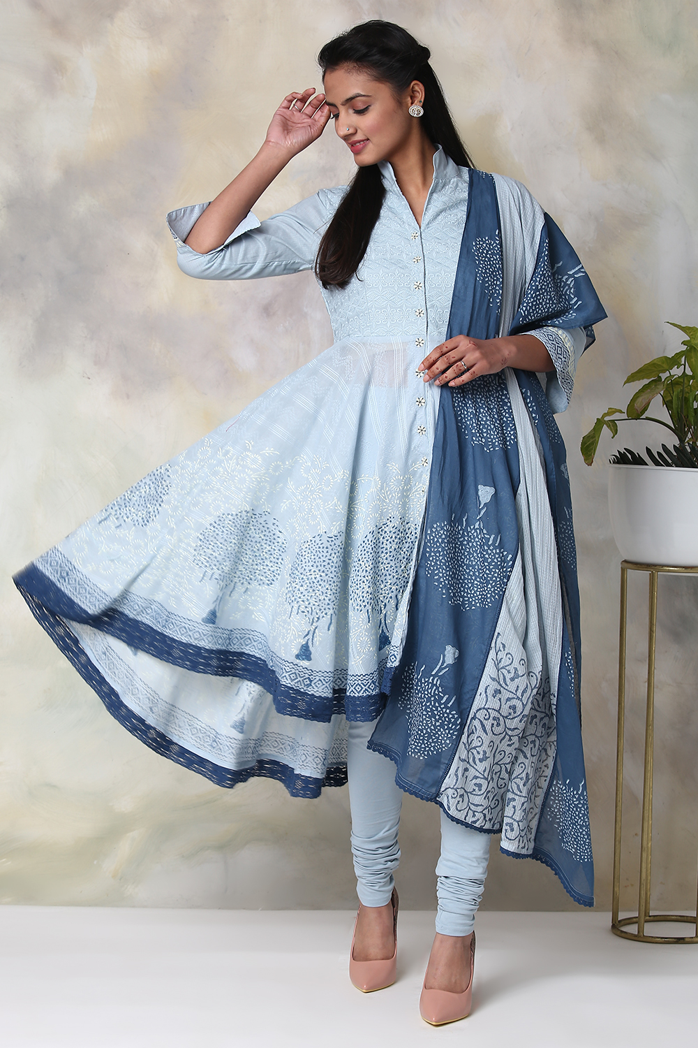 Powder Blue Cotton Asymmetric Kurta Churidar Suit Set image number 5