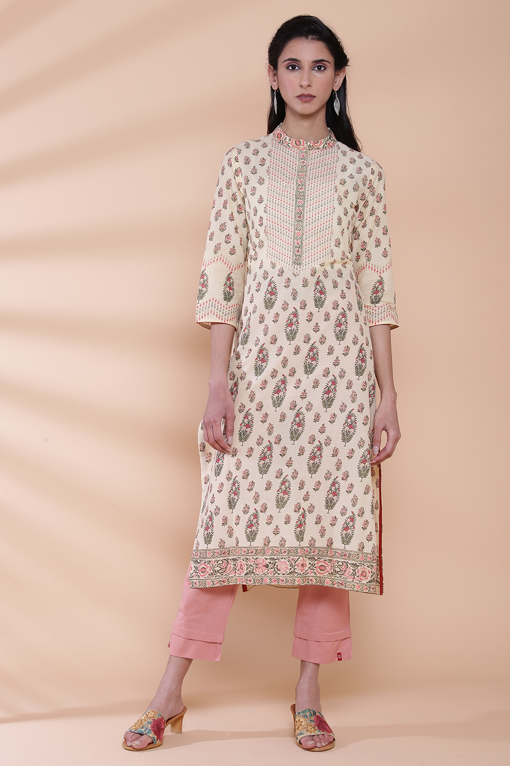 Cream Cotton Straight Printed Kurta image number 2