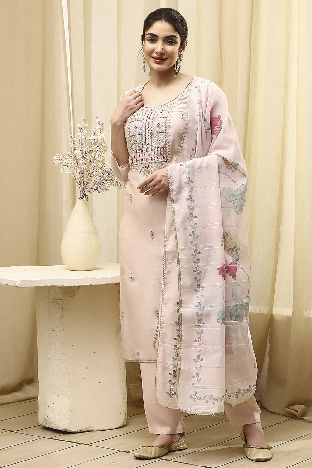 Beige Cotton Blend Machine Embroidered Unstitched Suit Set image number 7