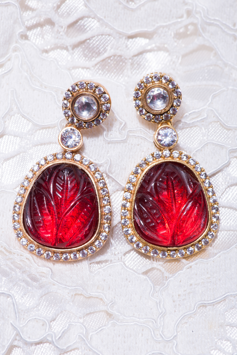Red Stone And Faux Diamond Drop Earrings image number 0