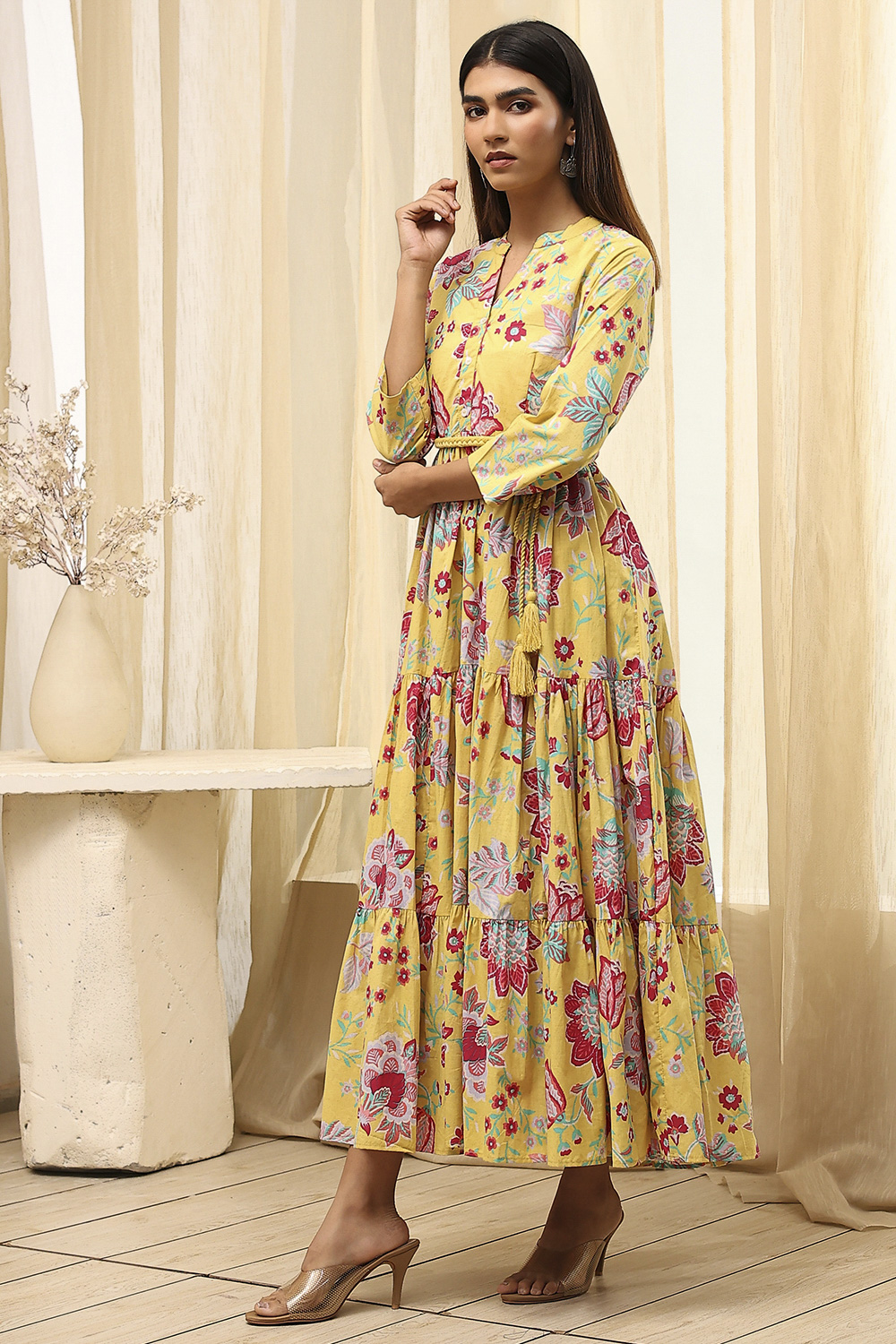 Earthy Blue Cotton Floral Tiered Dress image number 2