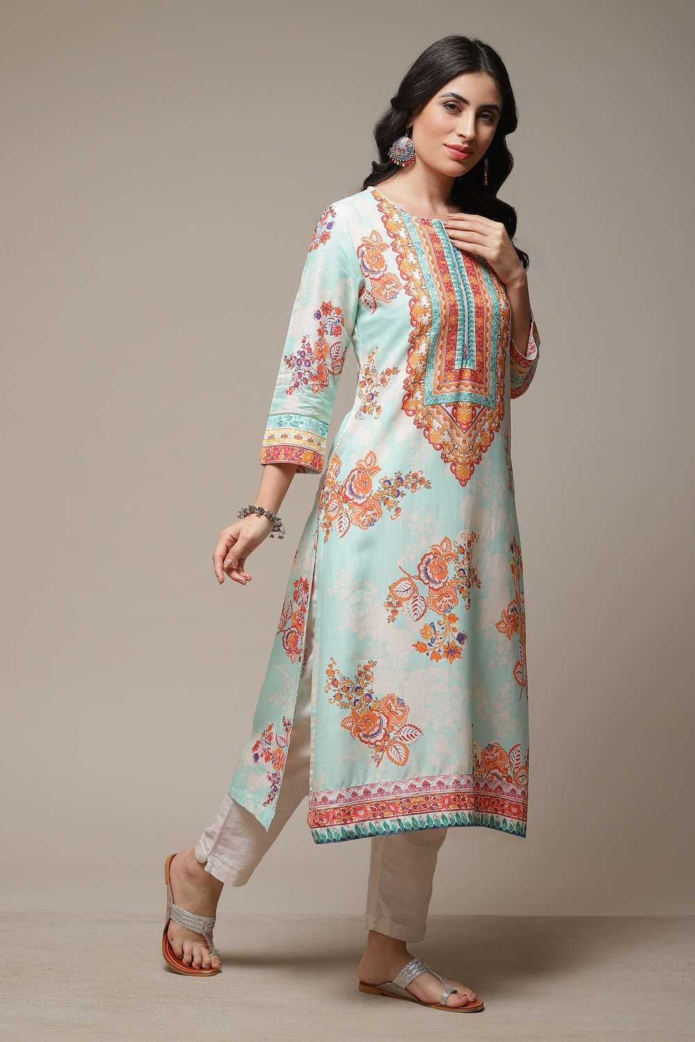 Sky Blue LIVA Straight Printed Kurta image number 4