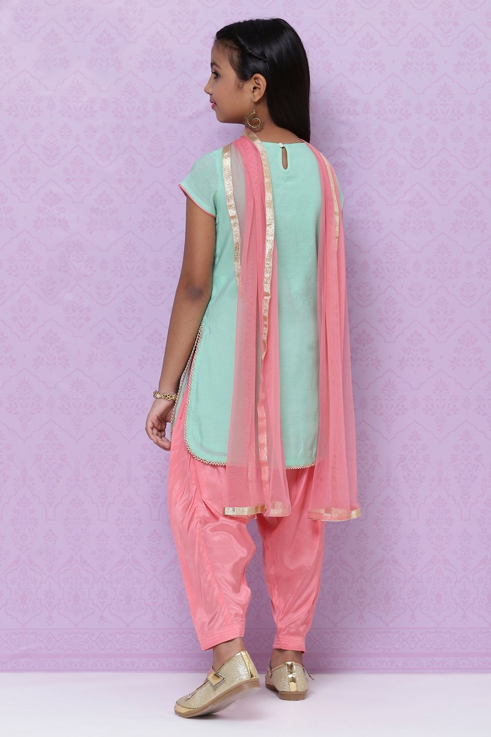 Sea Green Poly Cotton Girls Straight Kurta Salwar Suit Set image number 6