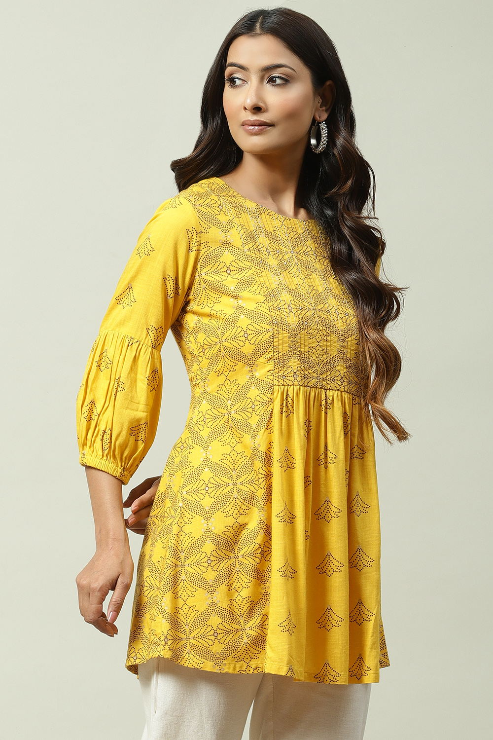 Mustard LIVA Flared Printed Short Kurti image number 3