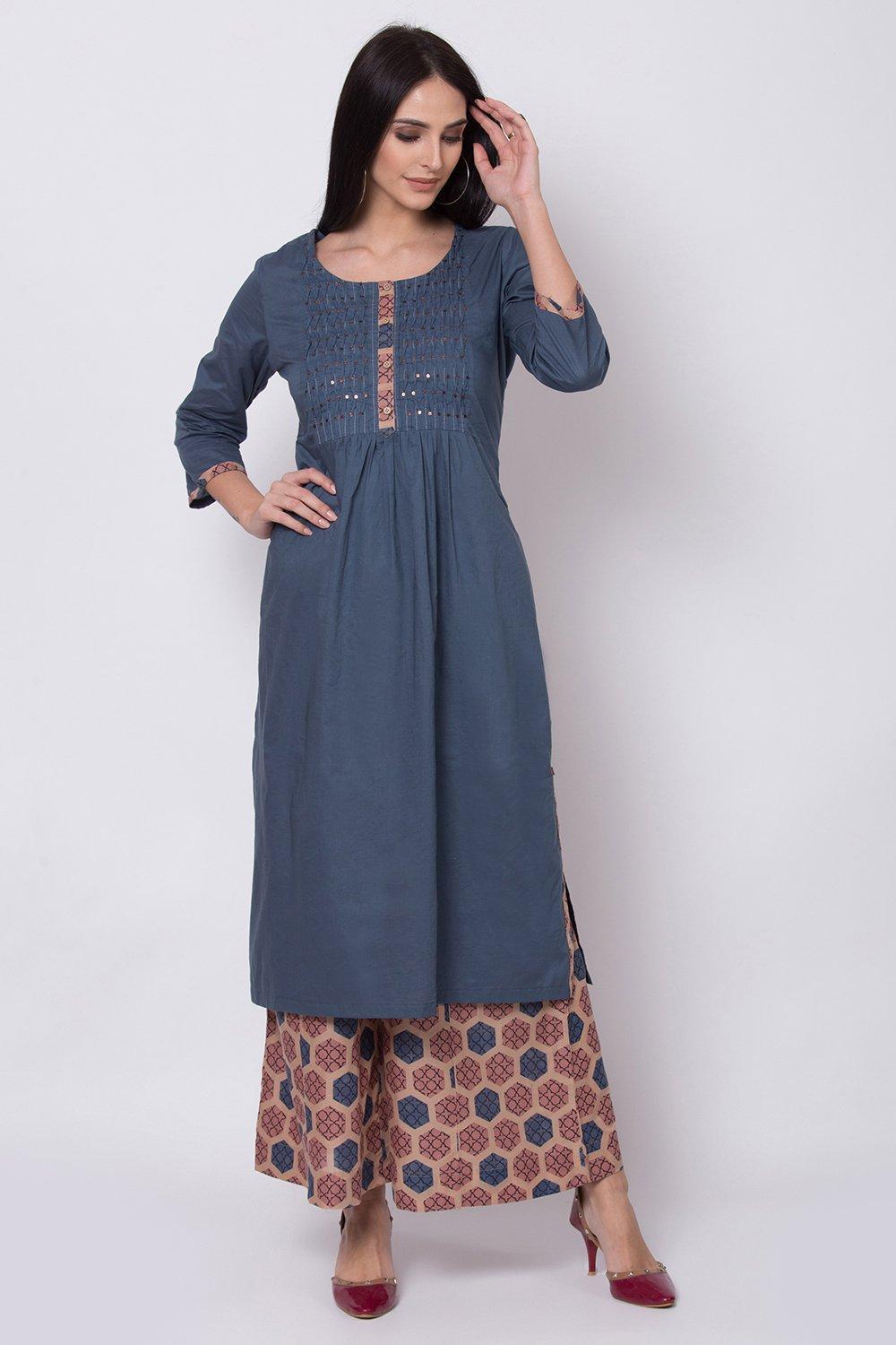 Dark Blue Flared Kurta Palazzo Suit Set image number 3