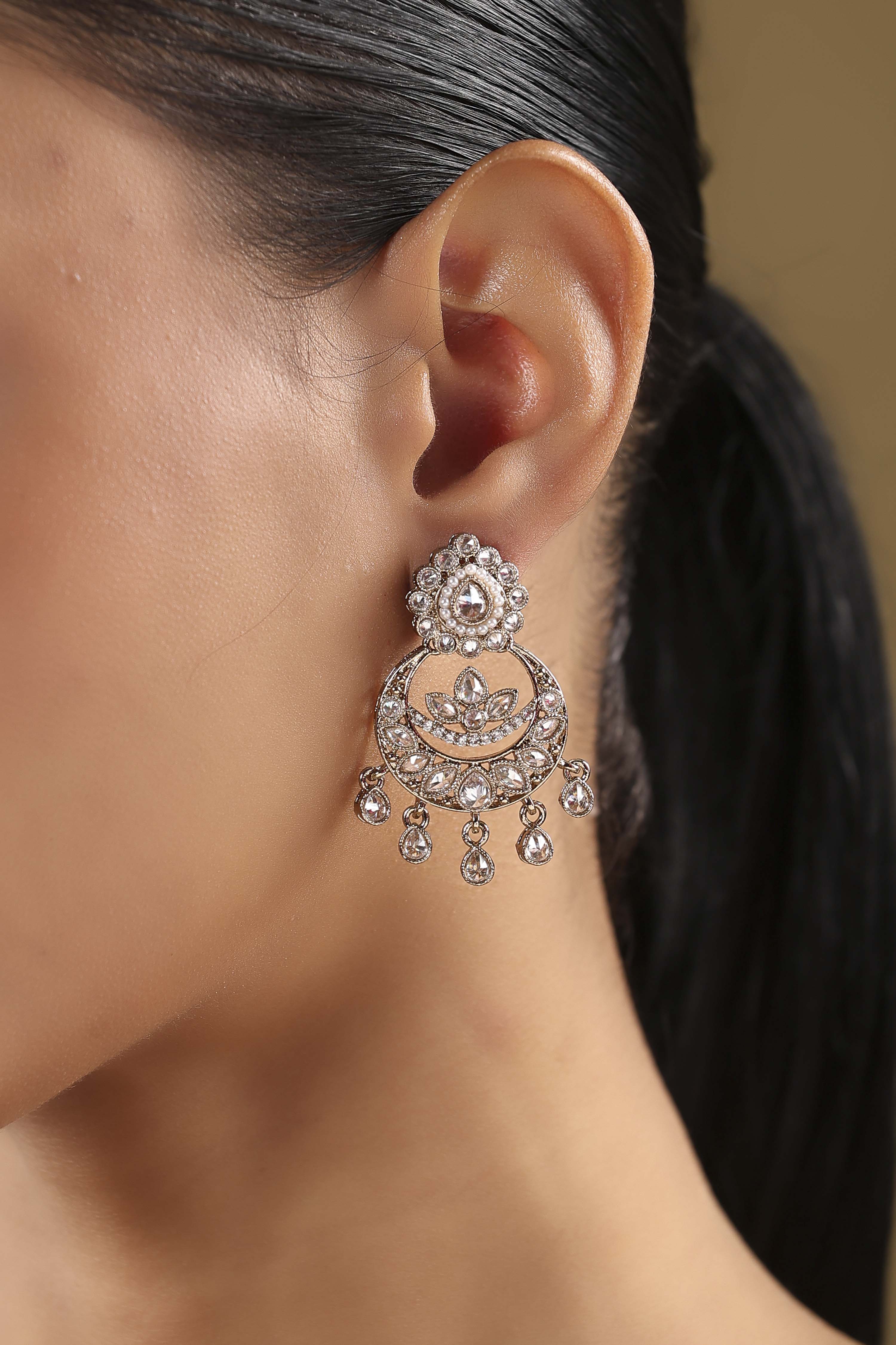 White Gold Plated Alloy Studded Chandbalis image number 1