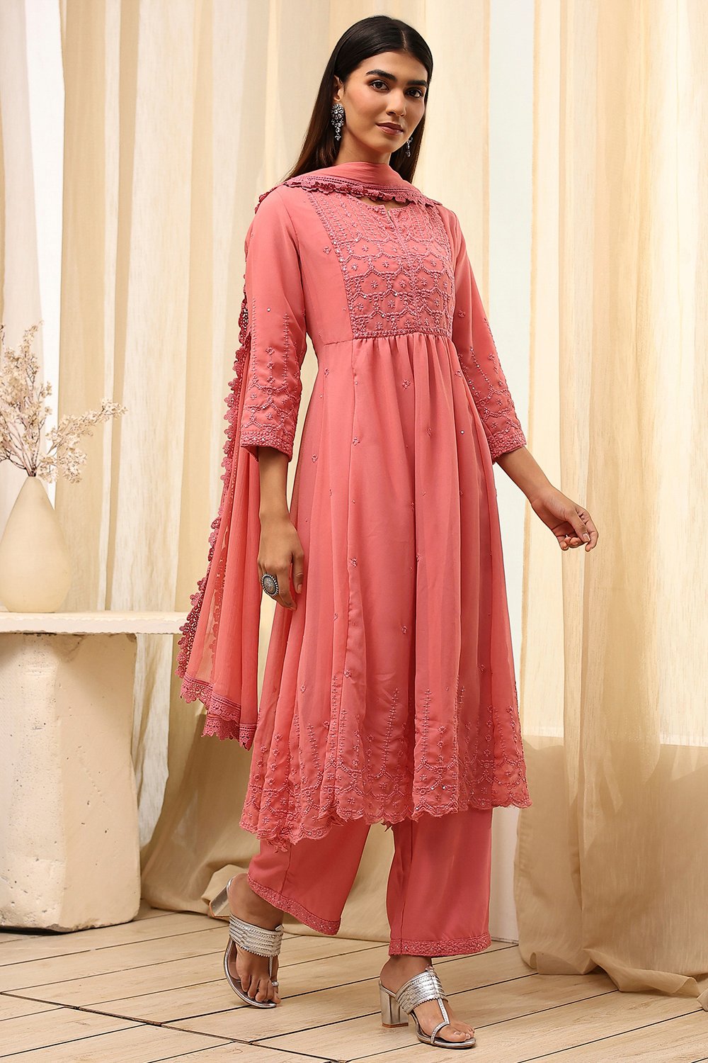 Pink Embroidered Flared Suit Set image number 4