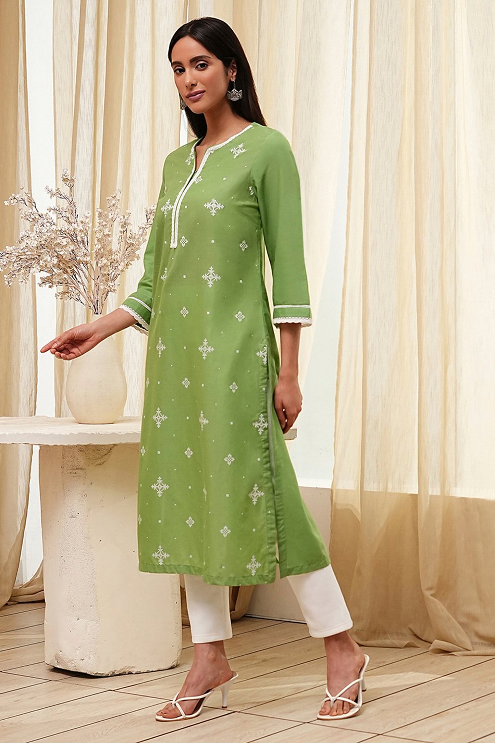 Light Pink Cotton Straight Kurta image number 2