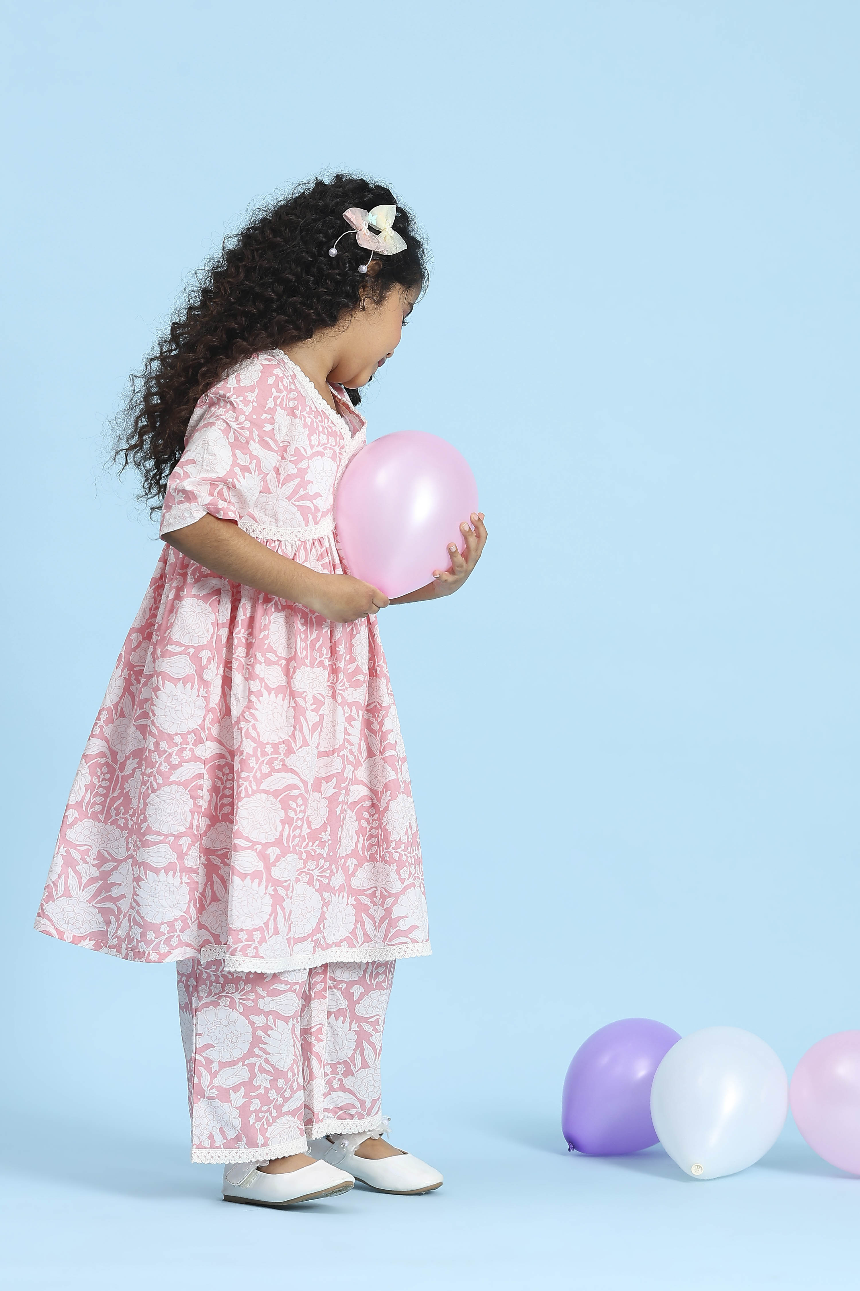 Pink Cotton Printed Gathered Suit Set image number 5