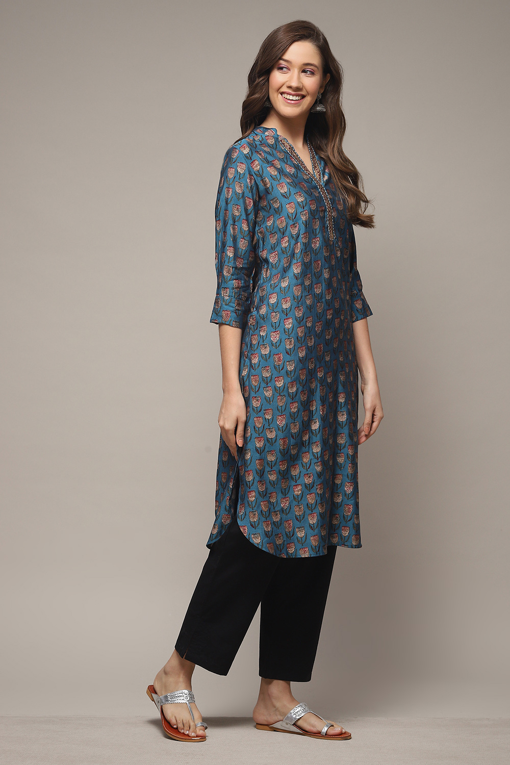 Teal Viscose Straight Printed Kurta image number 4