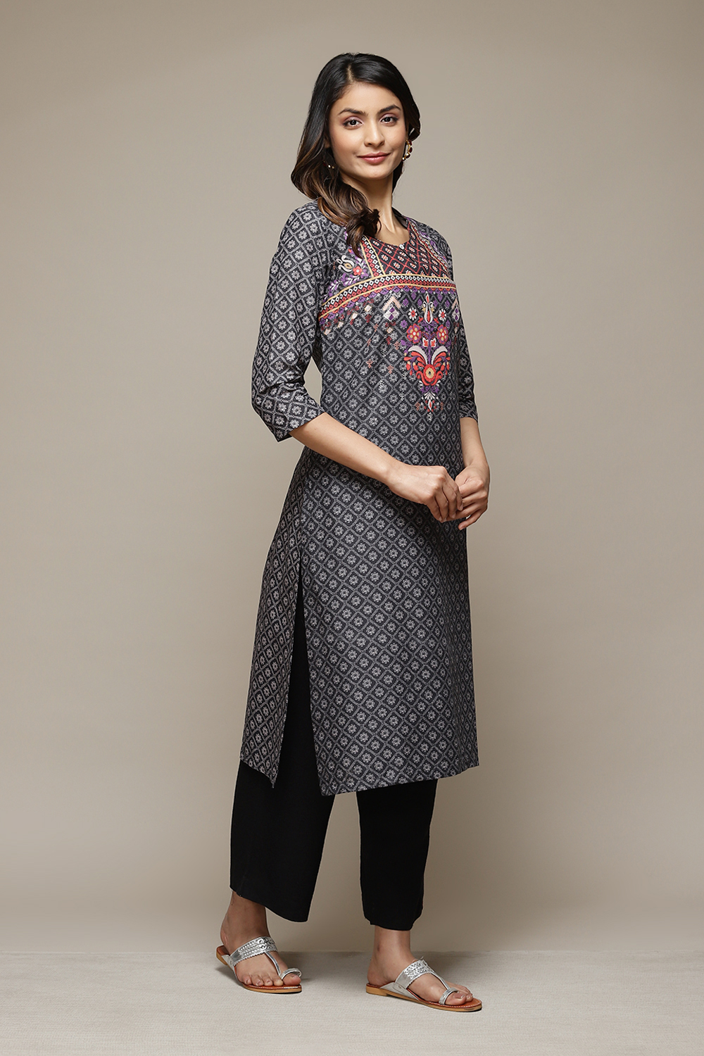 Black Cotton Straight Printed Kurta