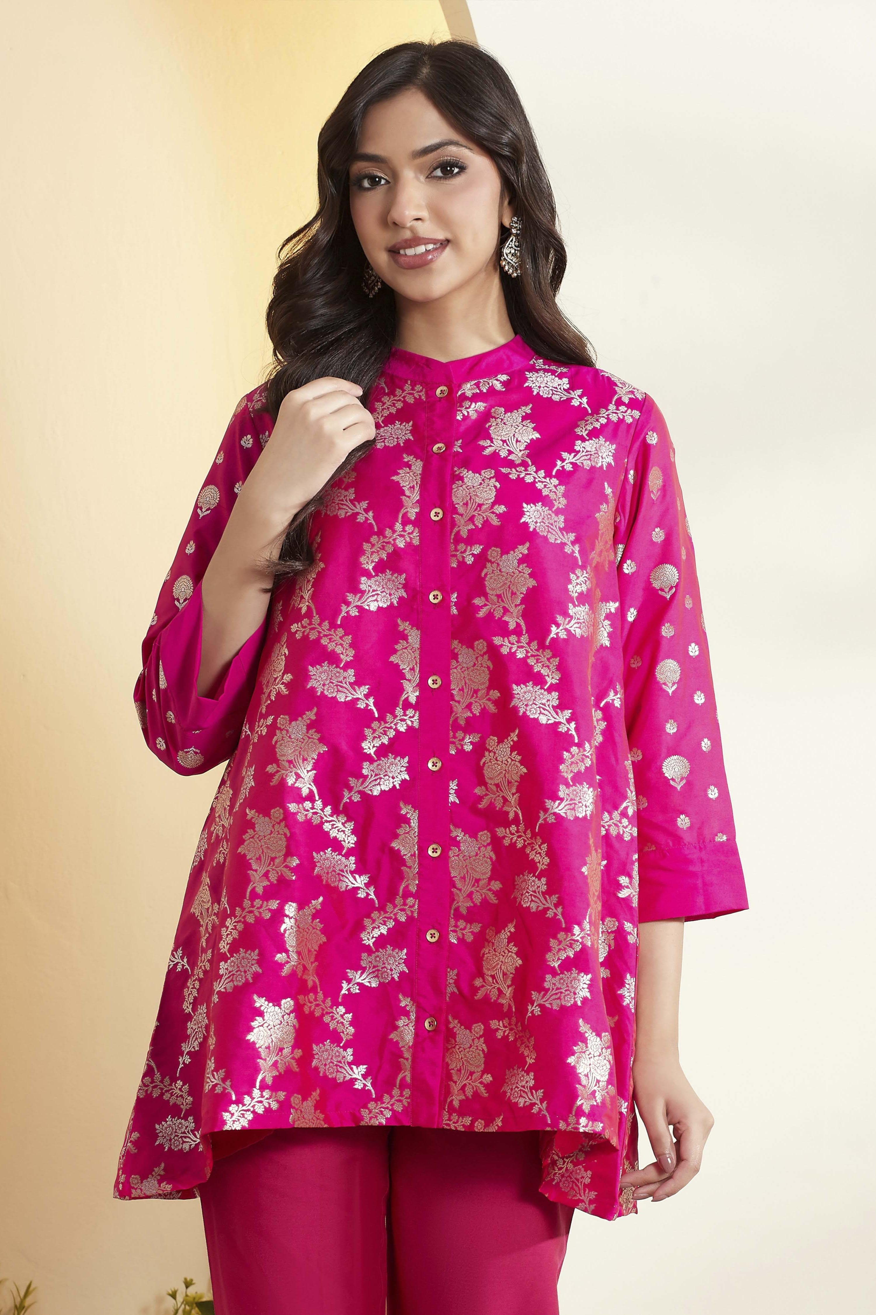 Pink Poly Viscose Yarndyed A-Line Shirt image number 6