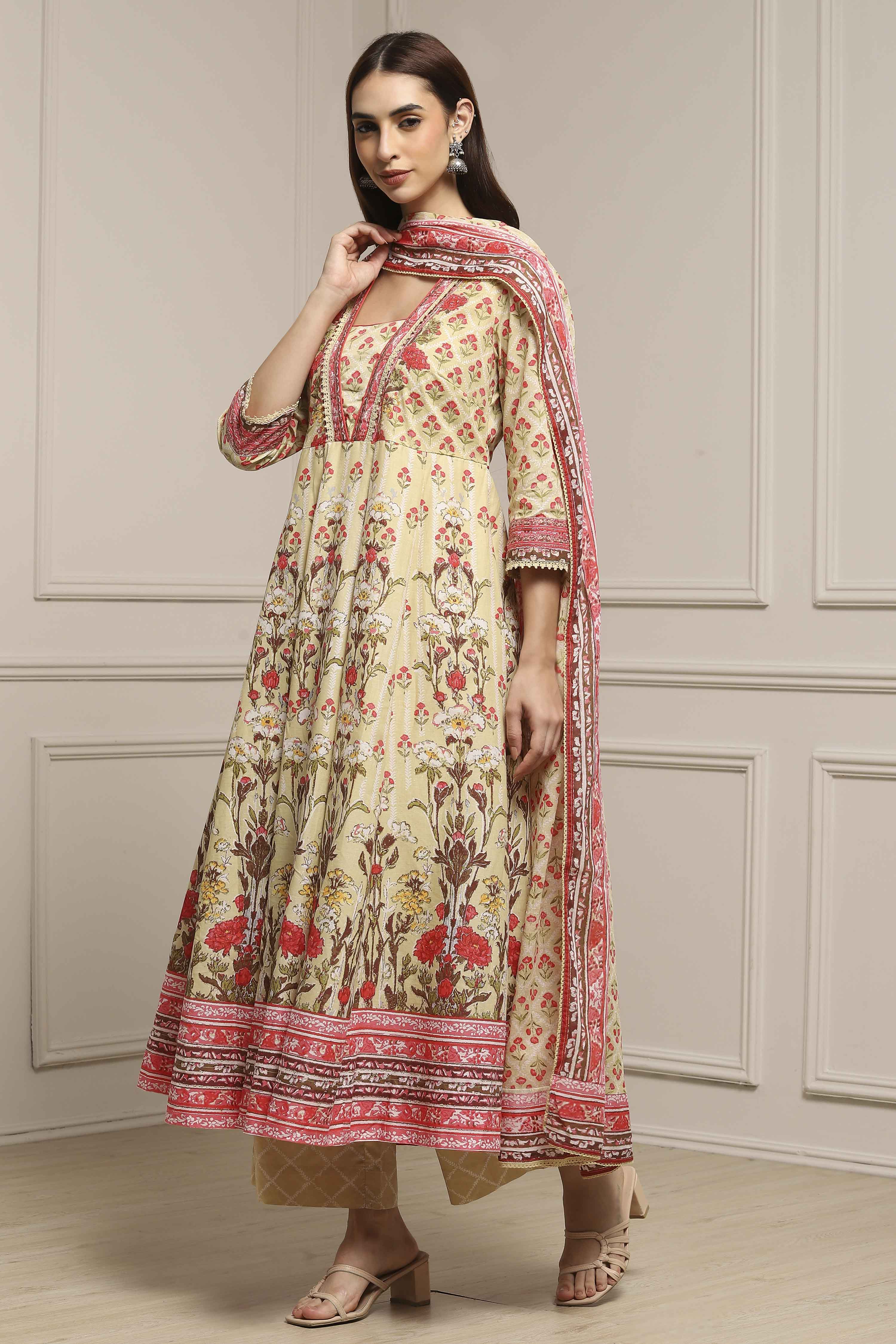 Off White-Pink Cotton Anarkali Printed Suit Set image number 3