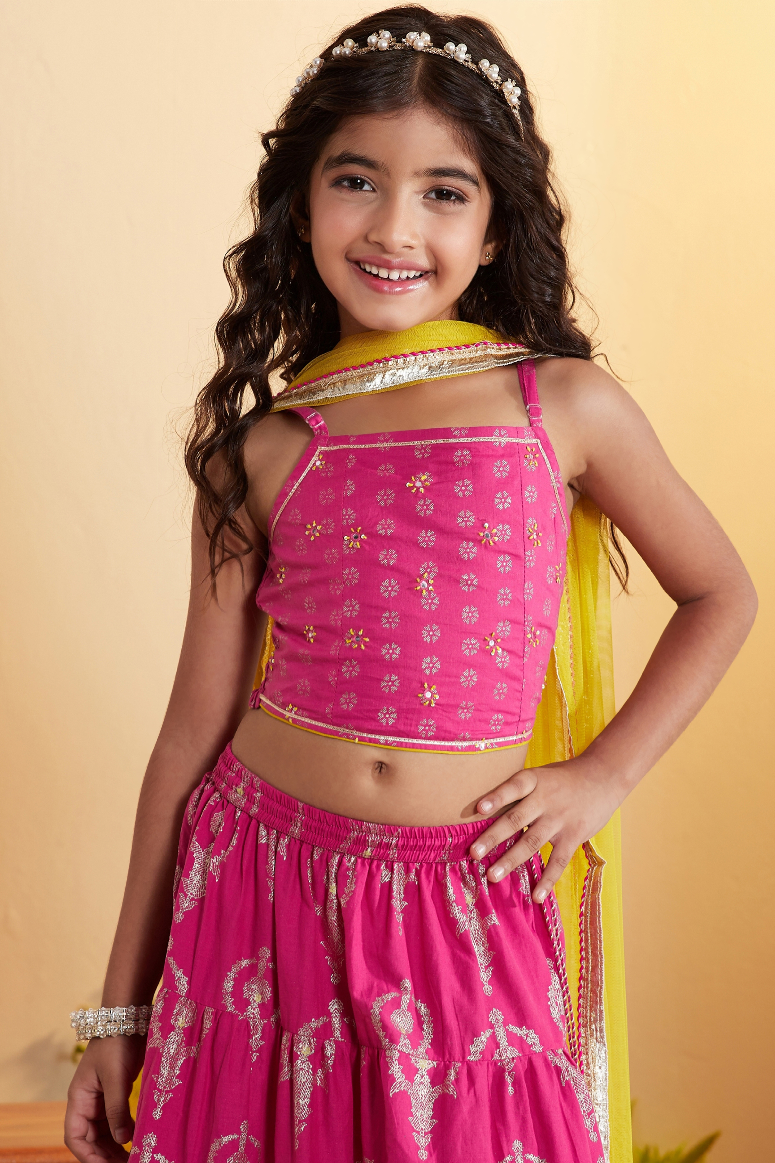 Pink Cotton Printed Tiered Lehenga Set image number 1