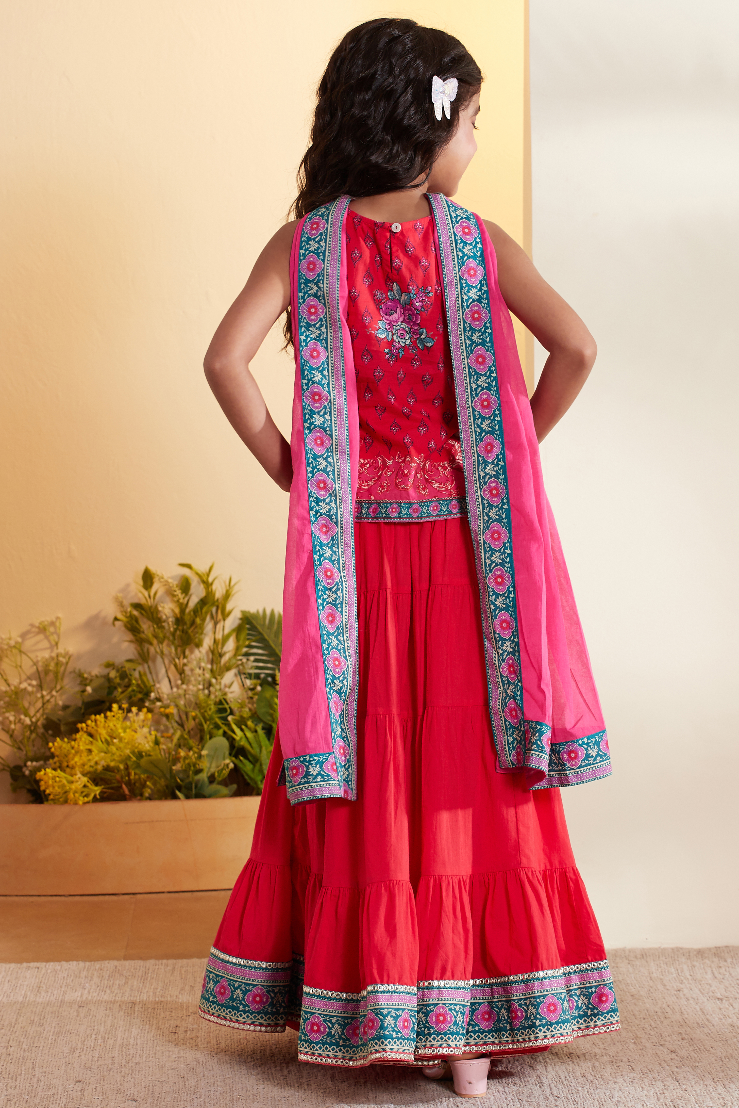 Red Cotton Floral Printed Tiered Lehenga Set image number 5