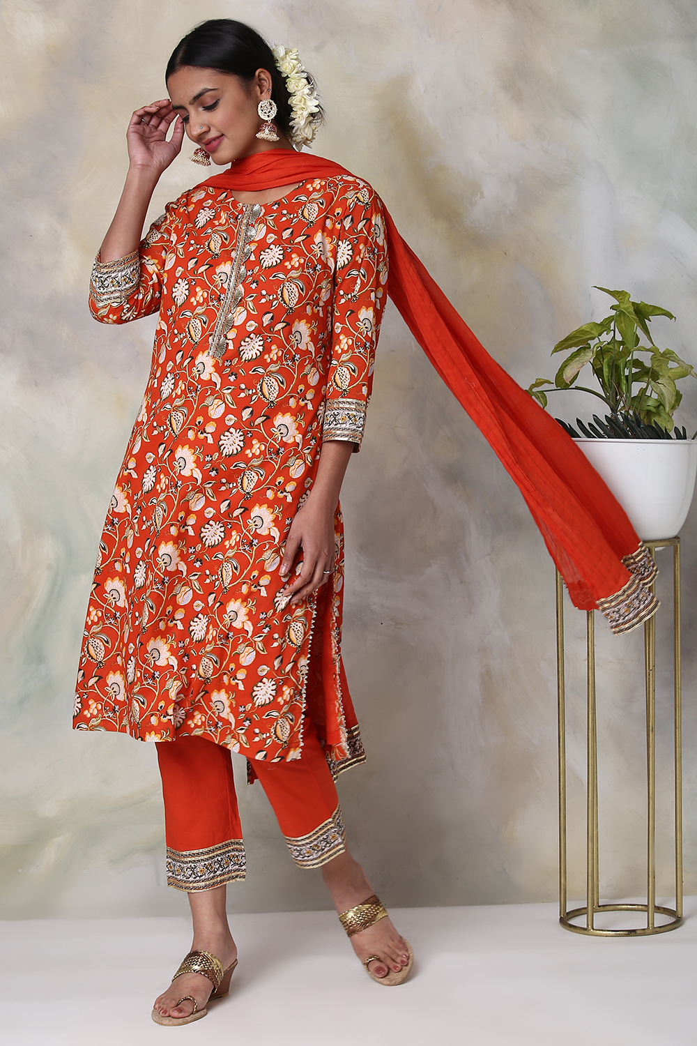 Saffron Cotton Straight Kurta Palazzo Suit Set image number 5