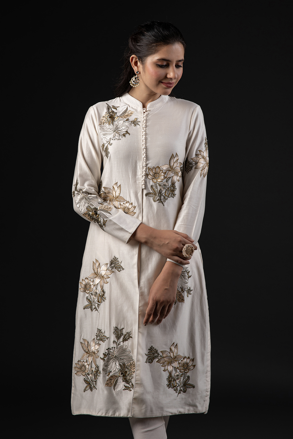 Ivory Cotton Silk Straight Printed Suit Set image number 6