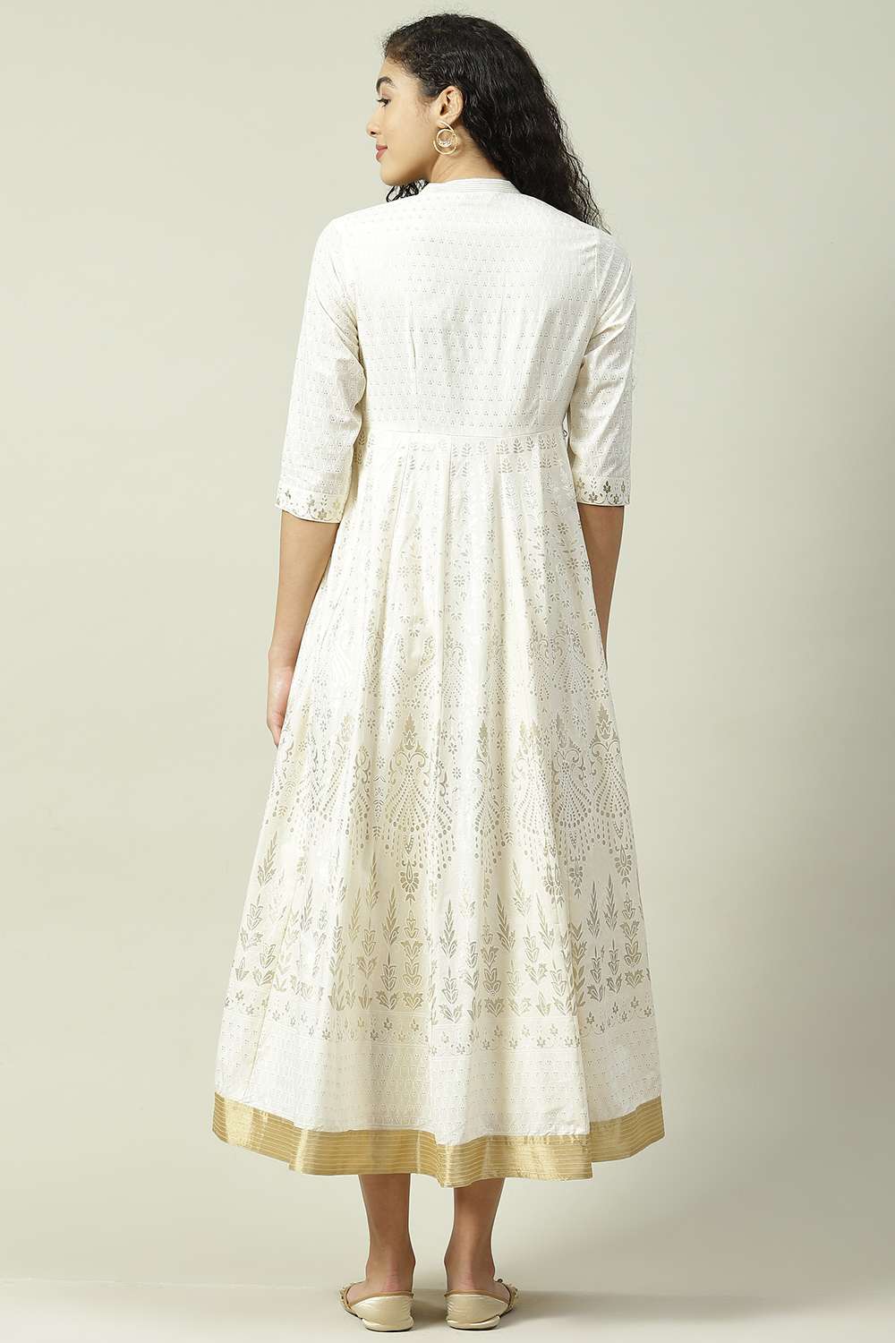 Off White Cotton Flared Fusion Printed Dress image number 4