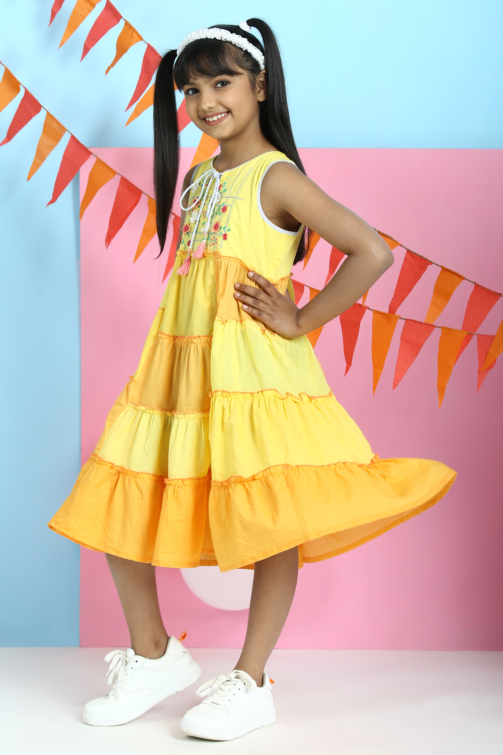 Yellow Cotton Tiered Dress image number 3