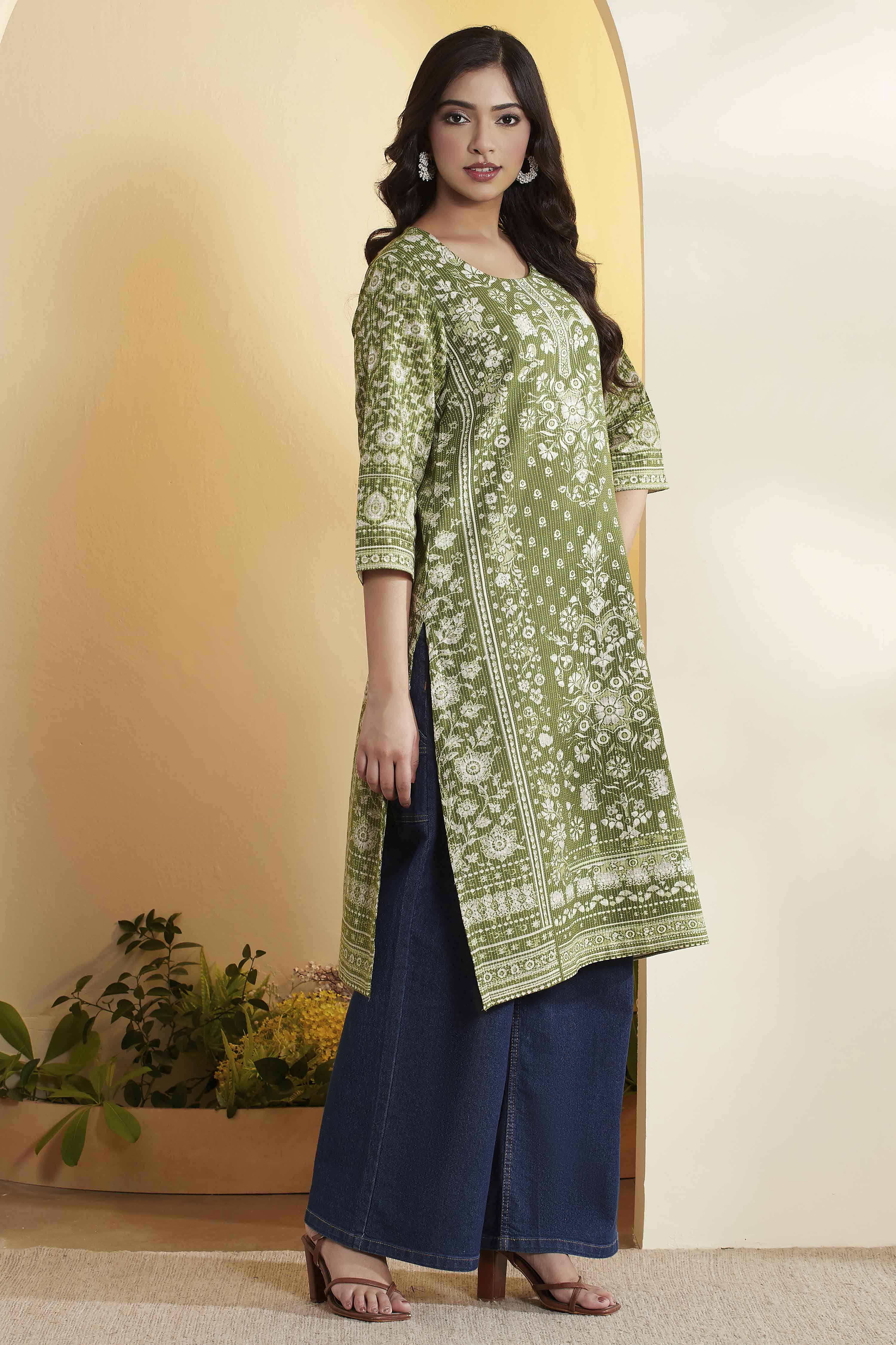 Green Cotton Straight Kurta image number 3