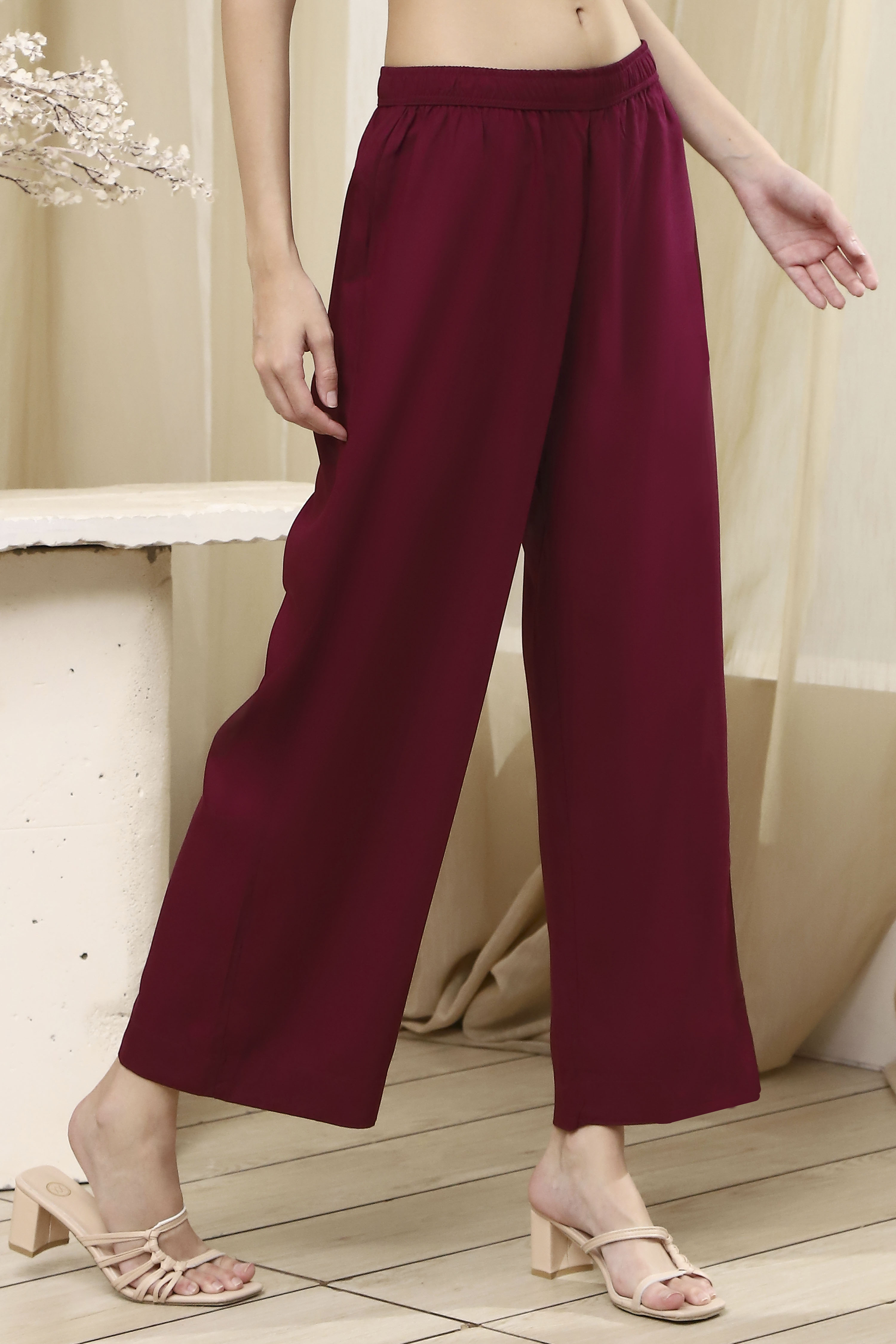 Berry Maroon Solid Straight Palazzos image number 4