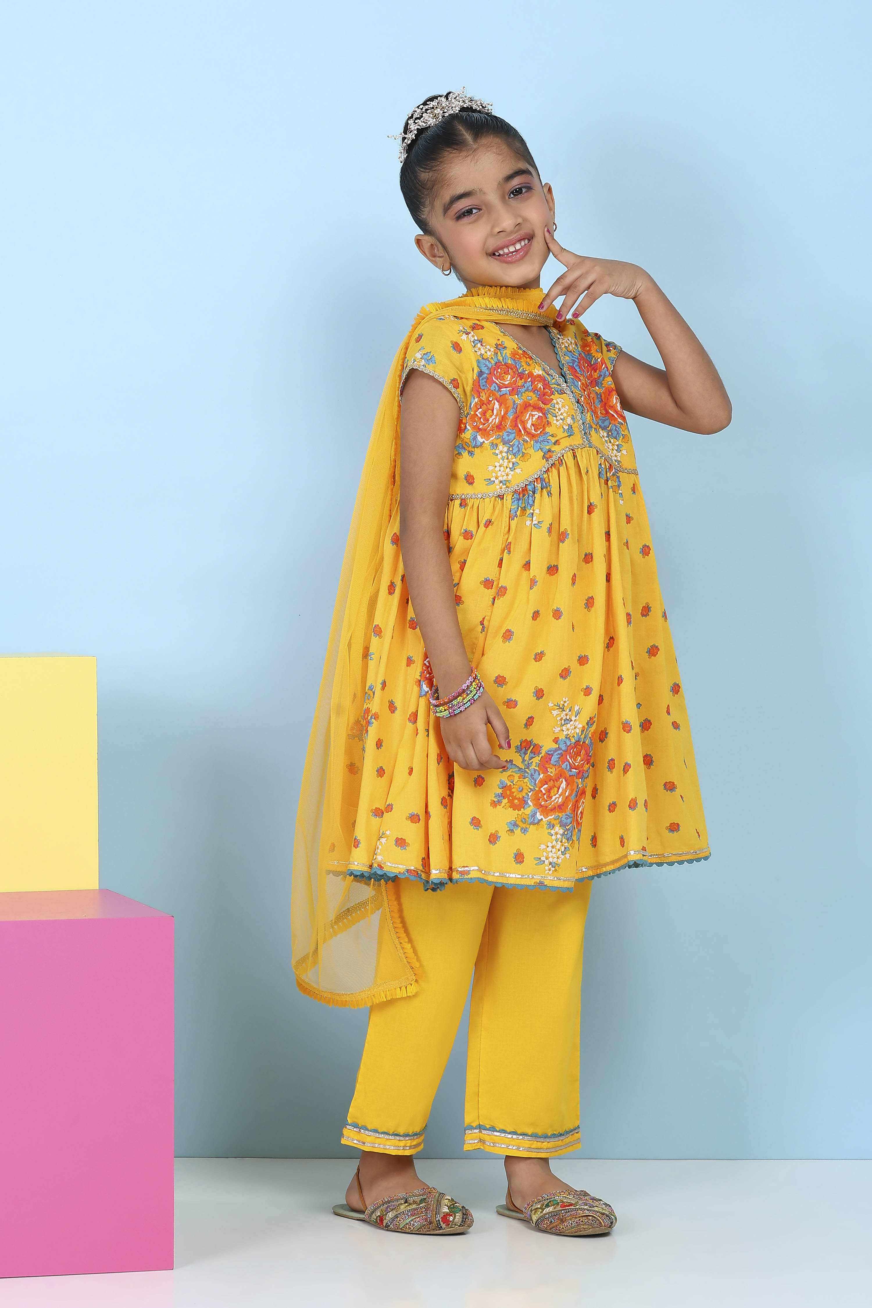Yellow Cotton Printed Anarkali Suit Set image number 5