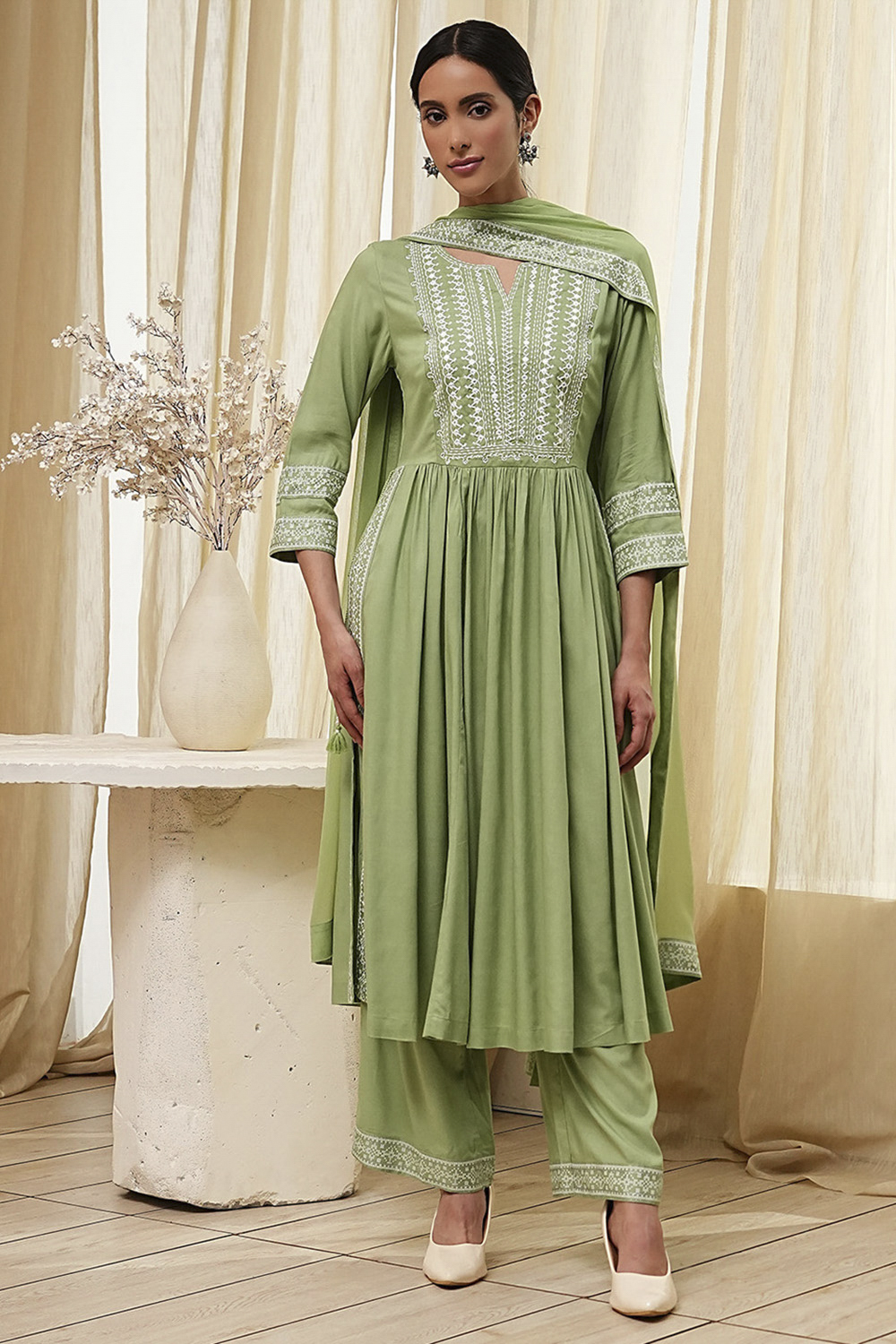 Olive Green Embroidered Gathered Suit Set image number 6