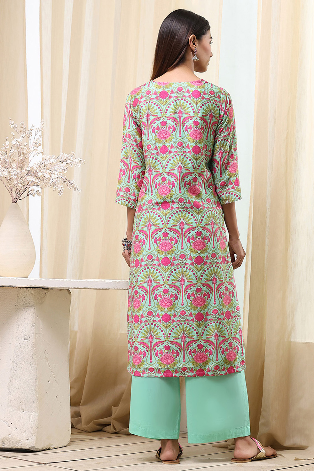 Sea Green Viscose Rayon Straight Suit Set image number 4