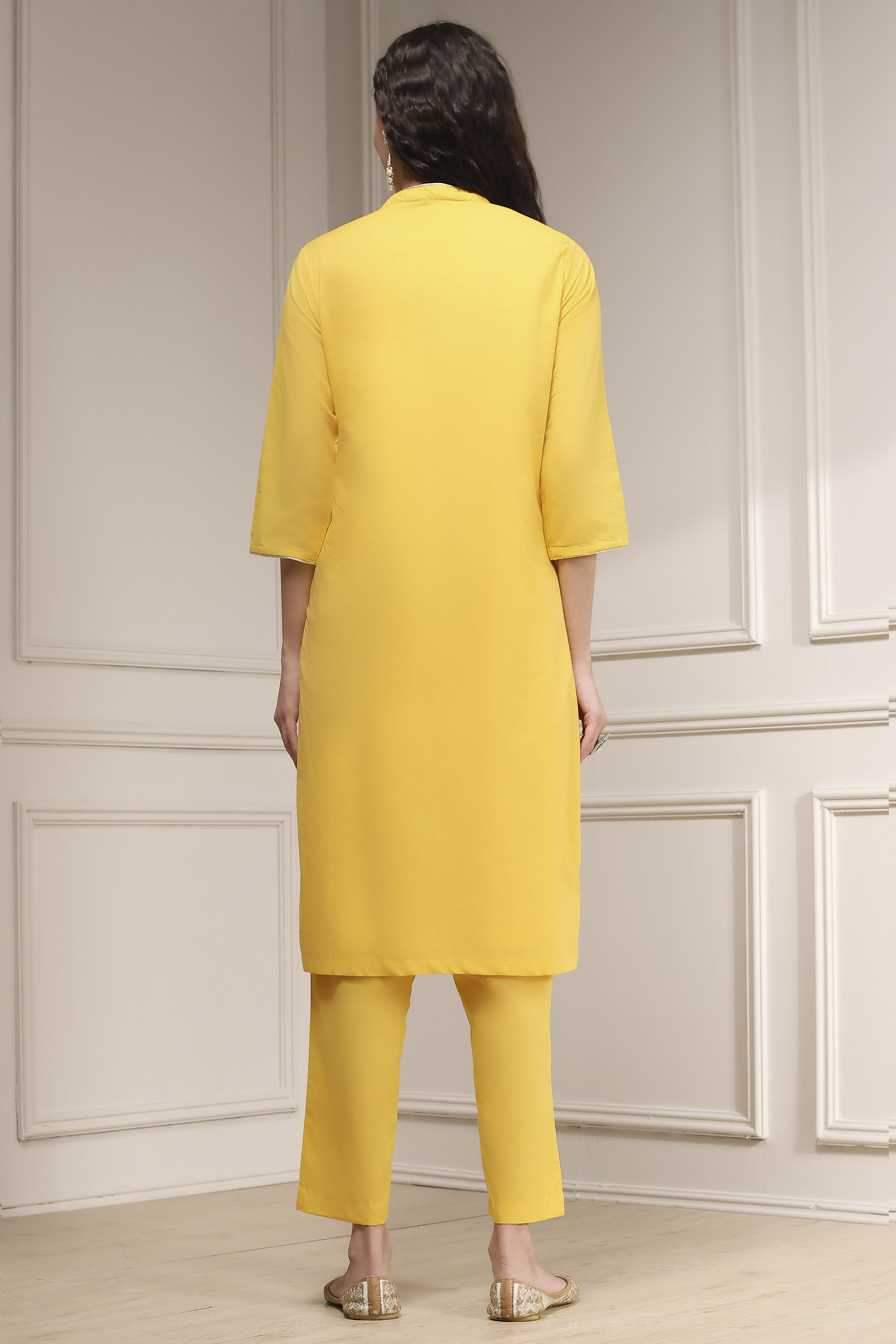 Yellow Cotton Embroidered Straight Suit Set image number 4