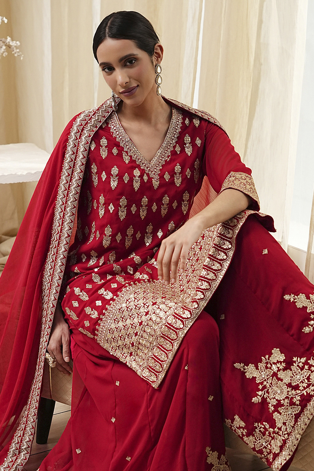 Red Embroidered Straight Suit Set image number 7