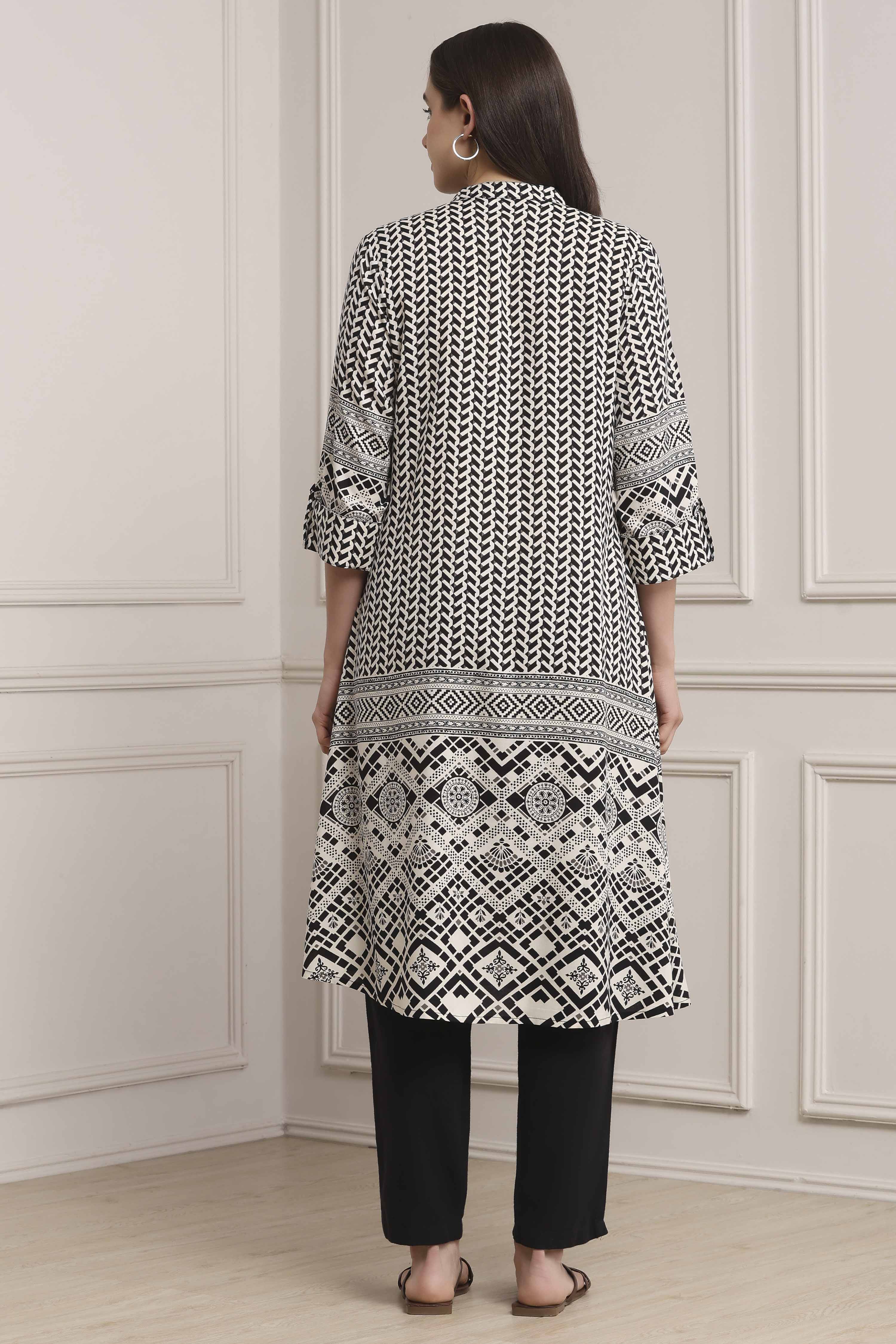 Black Cotton Printed Pleated A-line Kurta image number 2
