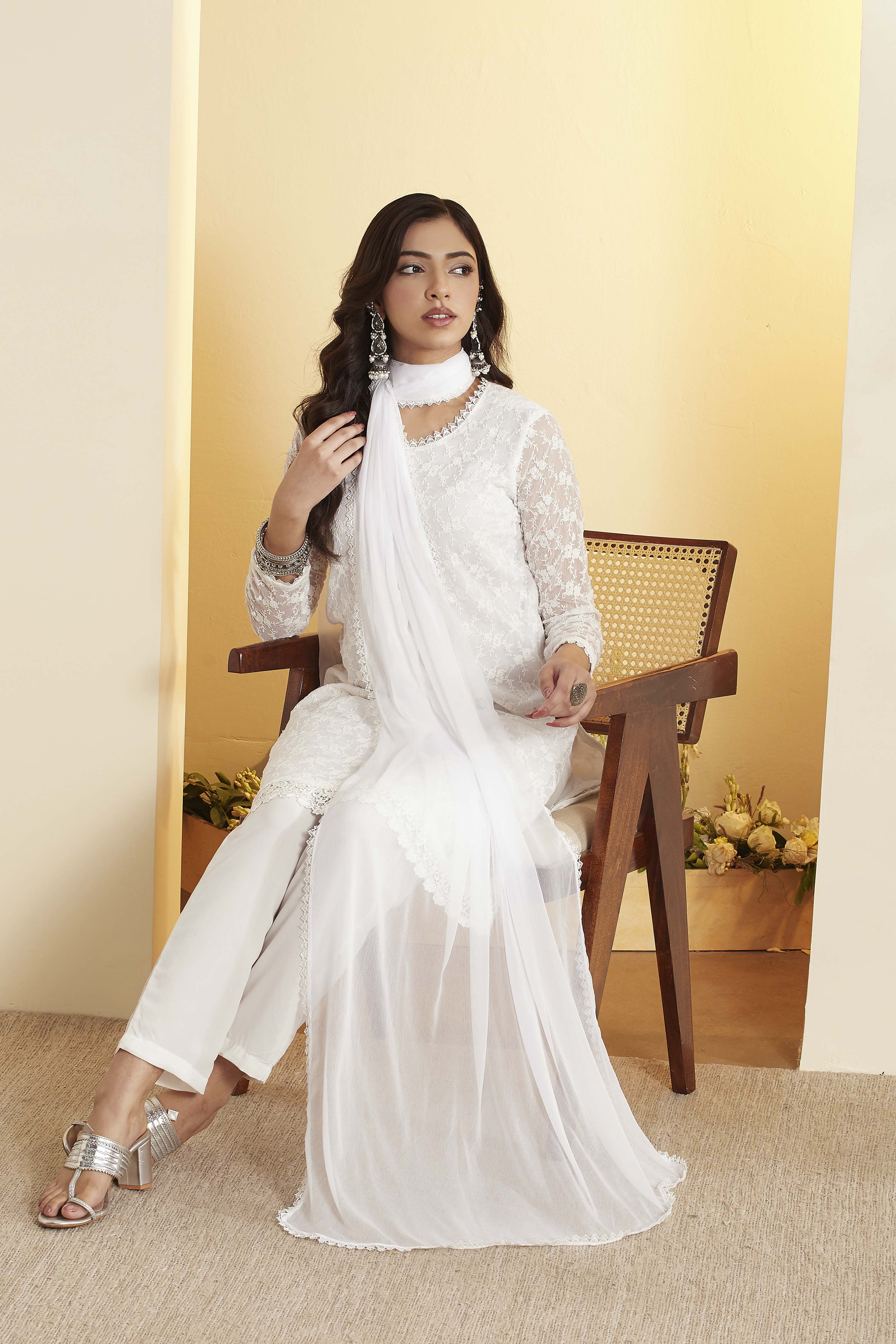 White Lace Straight Chamundi Chiffon Kurta Set image number 0