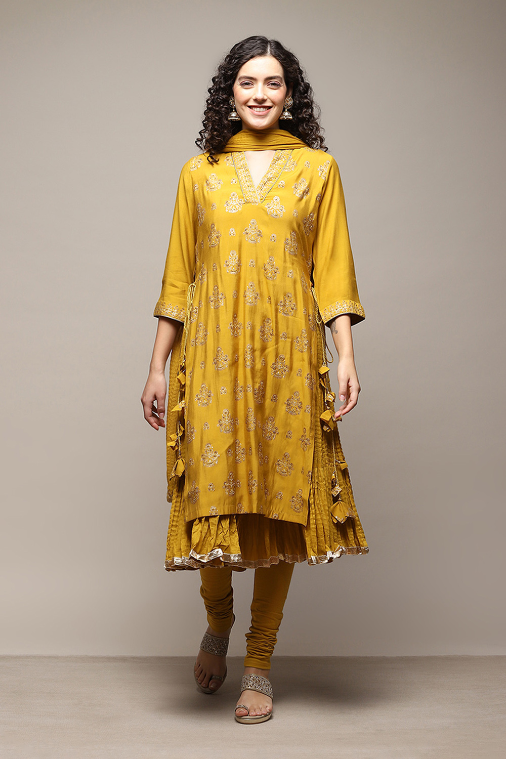 Lime Yellow Silk Layered Kurta Churidar Suit Set image number 7