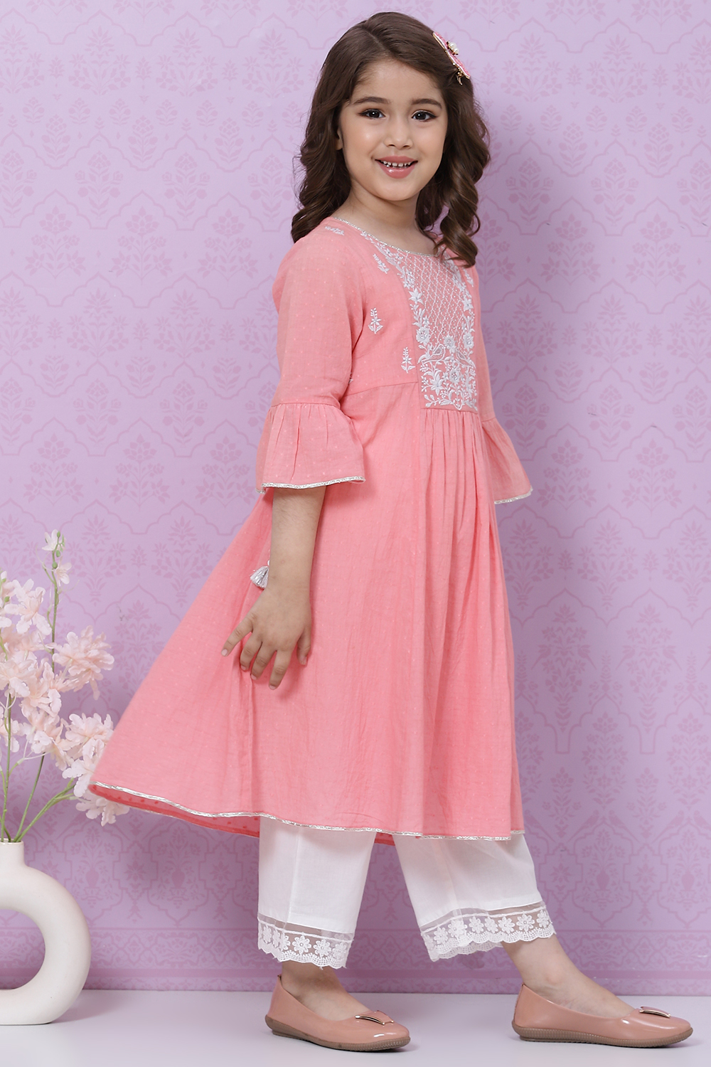 Pink Cotton Flared Embroidered Kurta Set image number 5