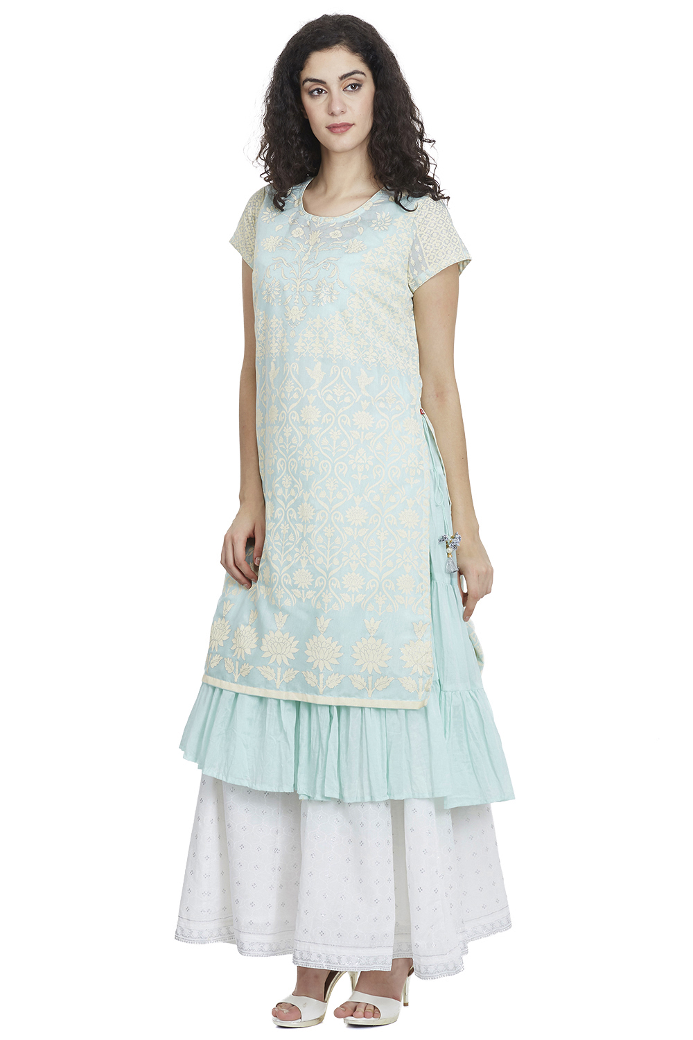 Aqua Blue Flared Art Silk Printed Kurta image number 3