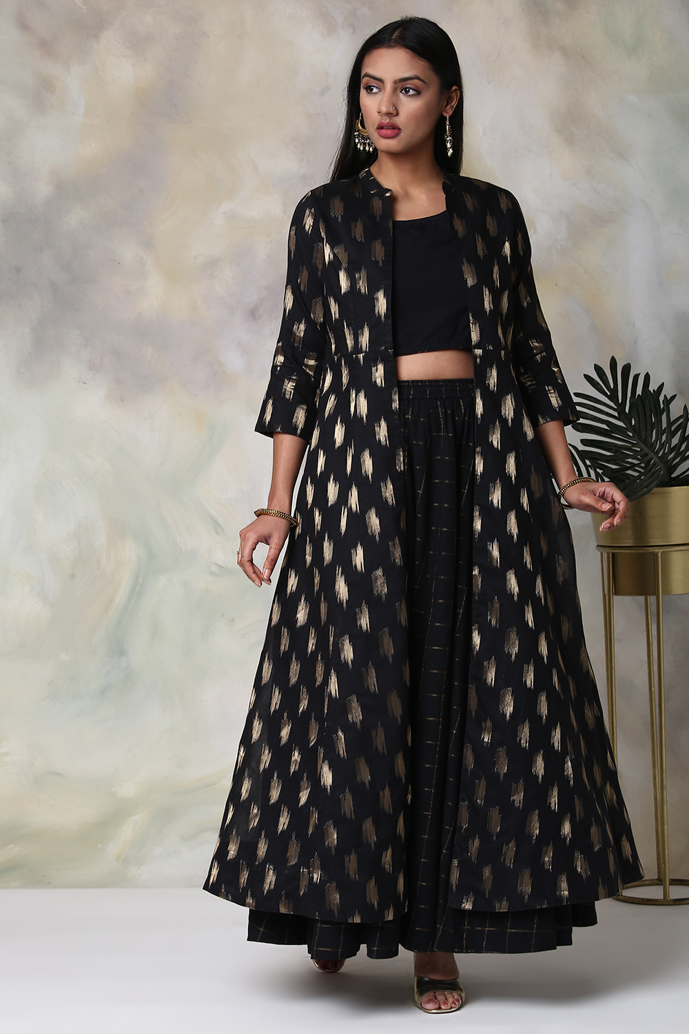 Black Cotton Three Piece Fusion Wear Set image number 3